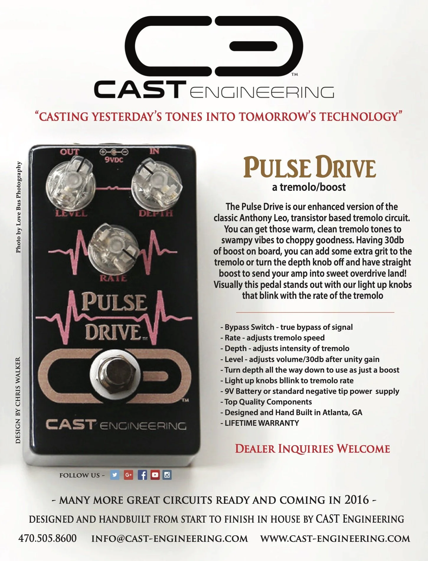 Poster advertising the Pulse Drive guitar effects pedal by Cast Engineering, featuring controls for level, rate, and depth, with a logo, tagline, and contact information.