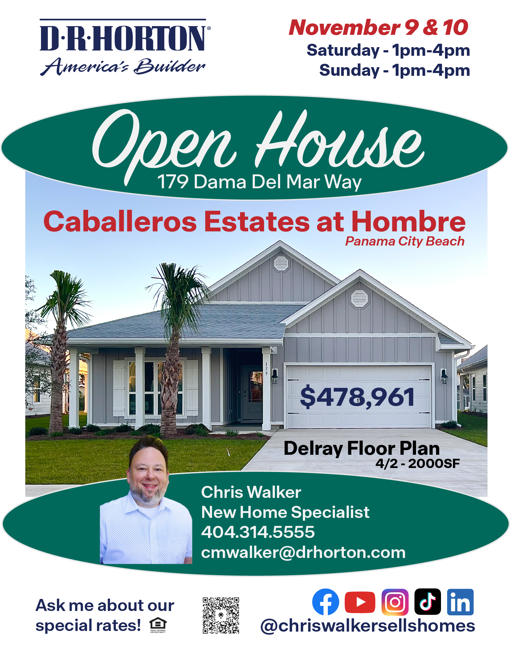 Flyer advertising an open house at 179 Dama Del Mar Way, Panama City Beach, hosted by D.R. Horton, featuring a house with a light gray exterior, two palm trees in the front yard, and details about the event date, time, and contact information for Chr