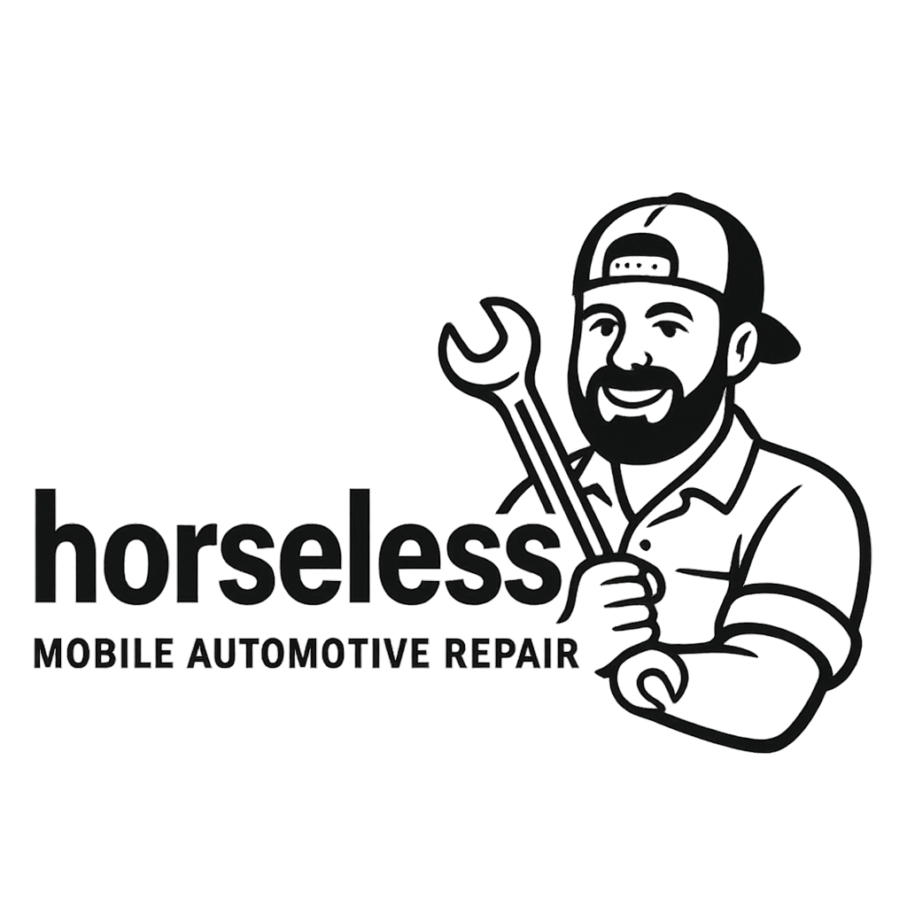 Logo for Horseless Mobile Automotive Repair featuring a smiling mechanic holding a wrench, wearing a cap.