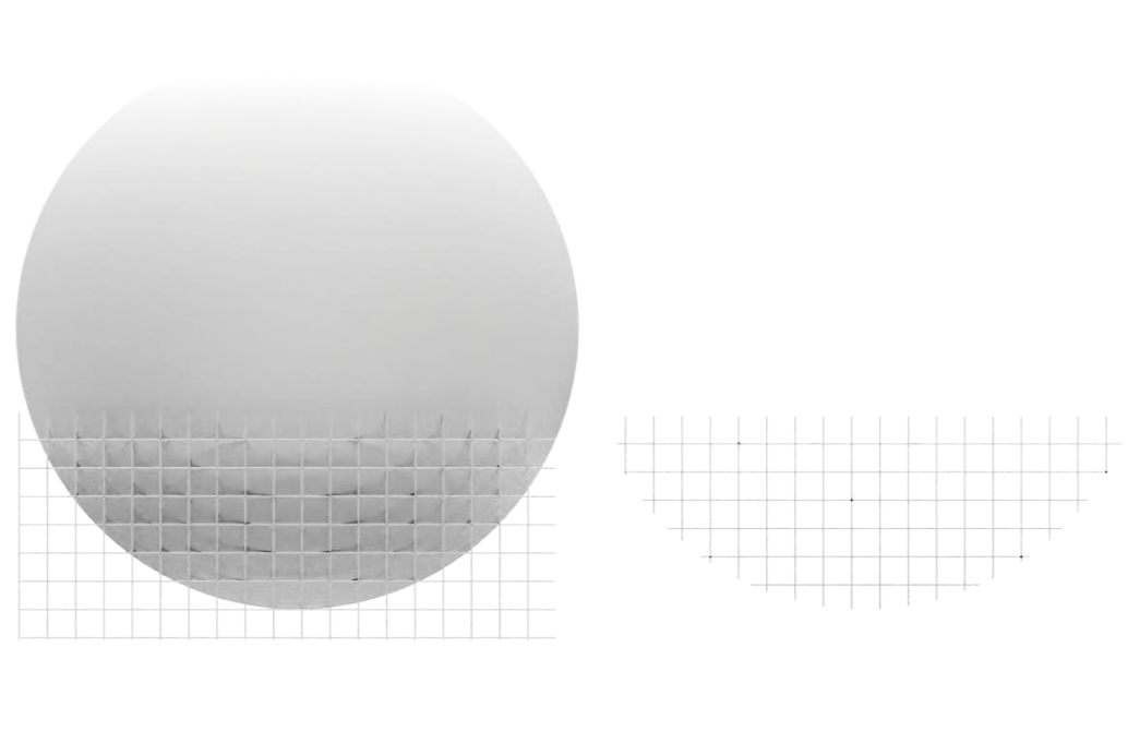 The sphere cutting the grid, on the left is the wireframe of the Palazzo and the left for the Giardini 