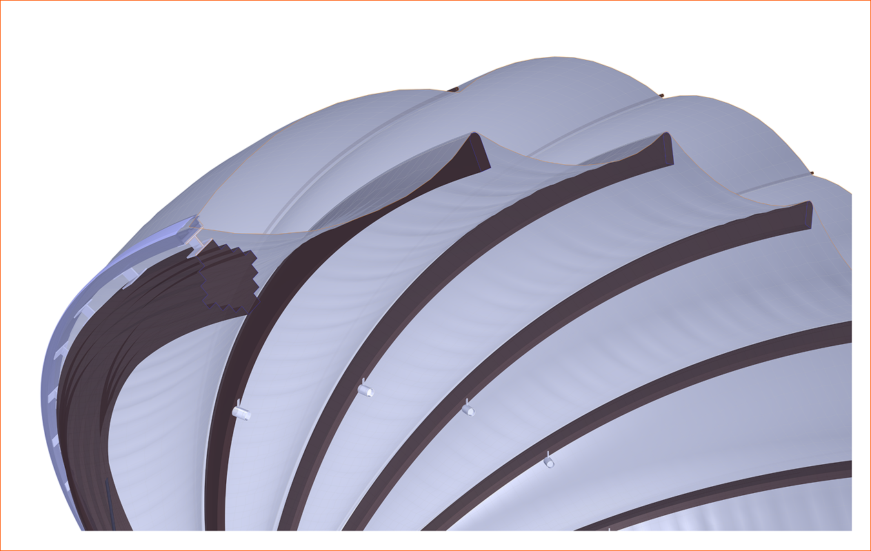 Section view of the mass timber arches, ETFE, and metal cables