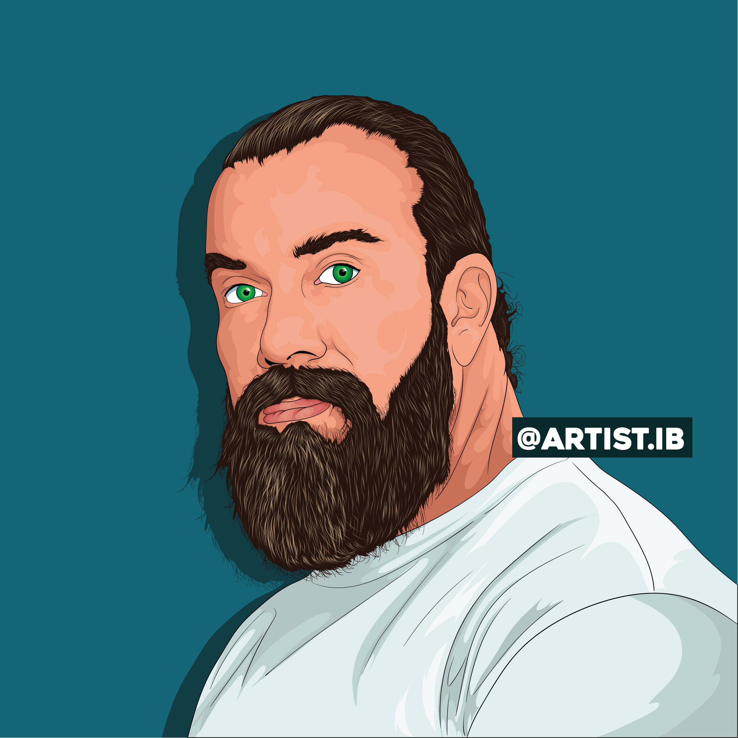 Digital illustration of a man with a full beard and short brown hair, looking at the viewer, with light skin and green eyes, wearing a white shirt, against a dark teal background, with an @ARTIST.IB watermark.