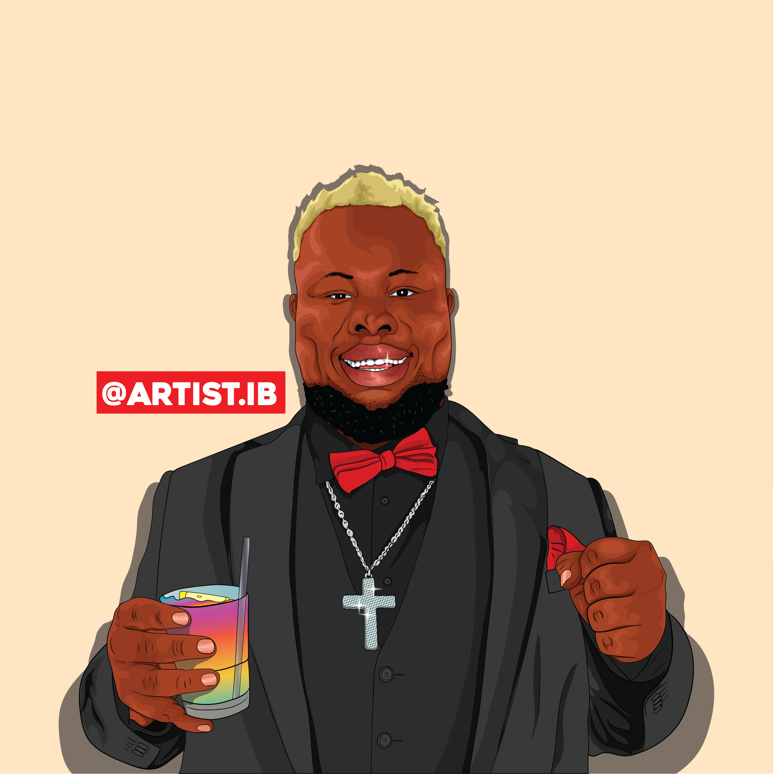 Digital illustration of a smiling man with blond hair, wearing a black suit, red bow tie, and a cross necklace, holding a rainbow-colored drink with a straw, and making a fist gesture.