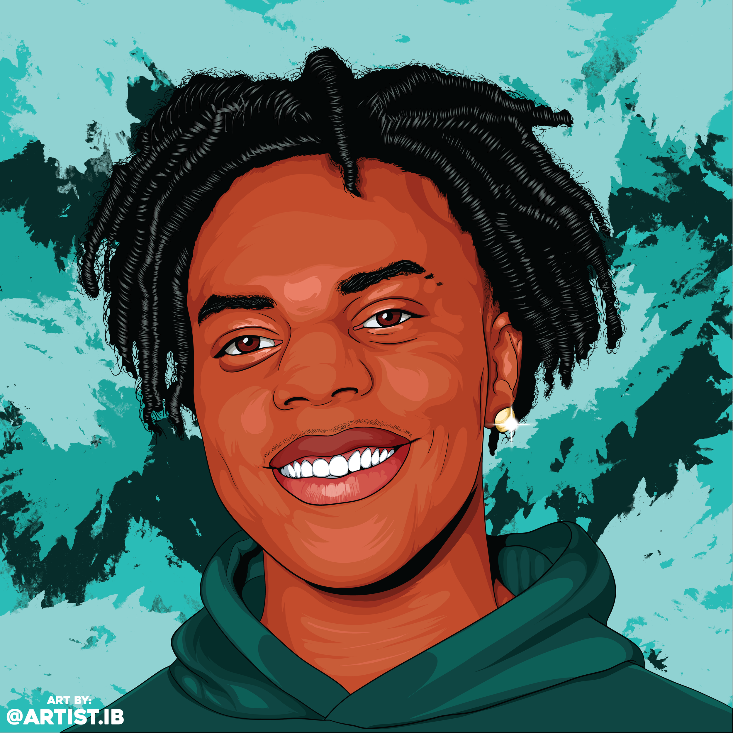 A digital illustration of a smiling woman with dark skin, dreadlocks, pearl earring, and wearing a dark hoodie, with a background of blue and green abstract splashes.