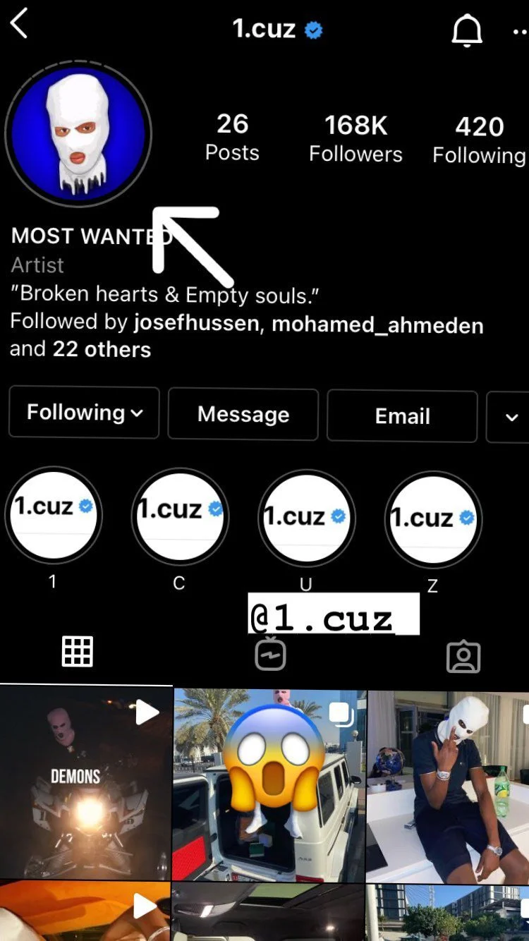 Instagram profile of user 1.cuz with a masked face profile picture, following 420 accounts, and having 168K followers. The profile description reads 'MOST WANTED' and 'Broken hearts & Empty souls.' The profile is followed by users like josehussen and mohamed_ahmeden. The post grid shows various images including a masked person, a vehicle with a shocked face emoji overlay, and a person sitting with a mask.