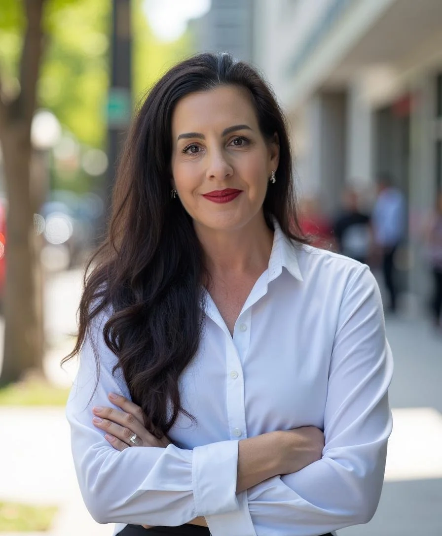 Portrait of a woman with long dark hair, wearing a white blouse, standing outdoors on a city sidewalk with people and buildings in the background.