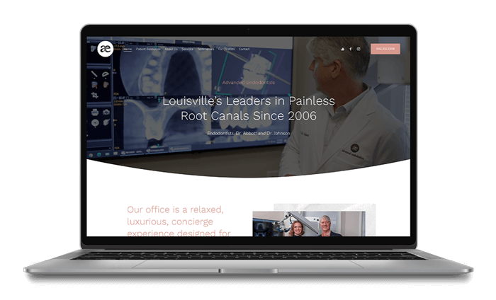 Laptop displaying a website for a dental practice in Louisville, with images of dental X-rays and a dentist.