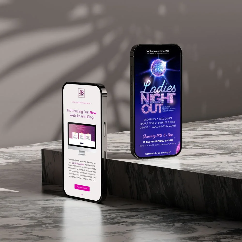 Two smartphones display promotional content for events and website launch, placed on a marble slab with a gray background and artistic shadows.