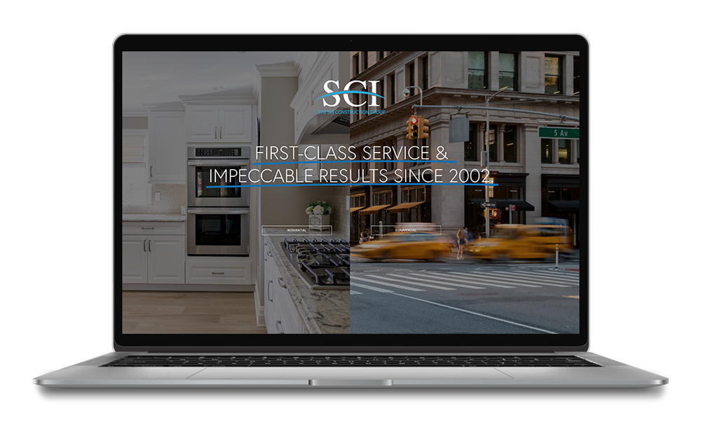 Laptop screen displaying an advertisement with the text 'First-Class Service & Impeccable Results Since 2002' for SCI, a construction group, with a split background showing a kitchen interior on the left and a city street with yellow taxis on the rig