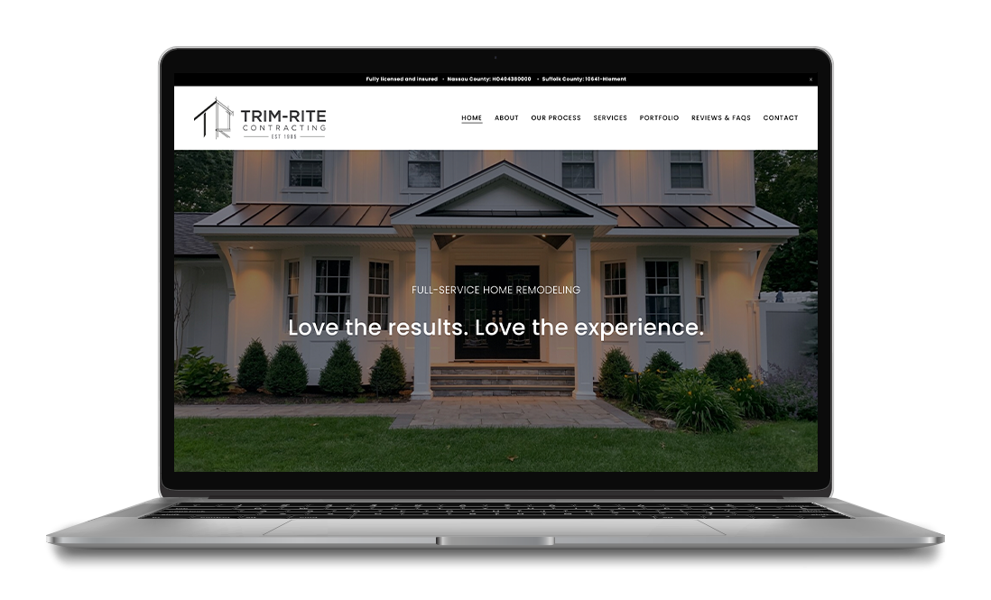 Screenshot of a home remodeling company's website displayed on a laptop screen. The website features a large image of a white house with a front porch and landscaping, with navigation links at the top and the company's logo and slogan overlaid on the