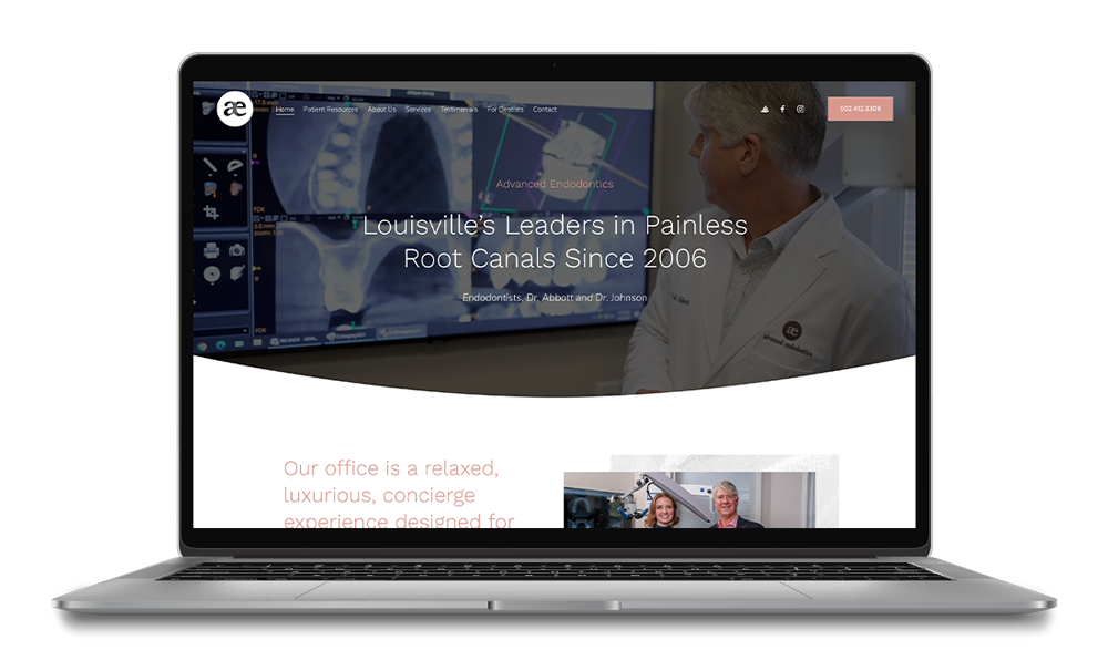 Laptop displaying a dental clinic website with the headline "Louisville’s Leaders in Painless Root Canals Since 2006" and images of a doctor and dental tools.