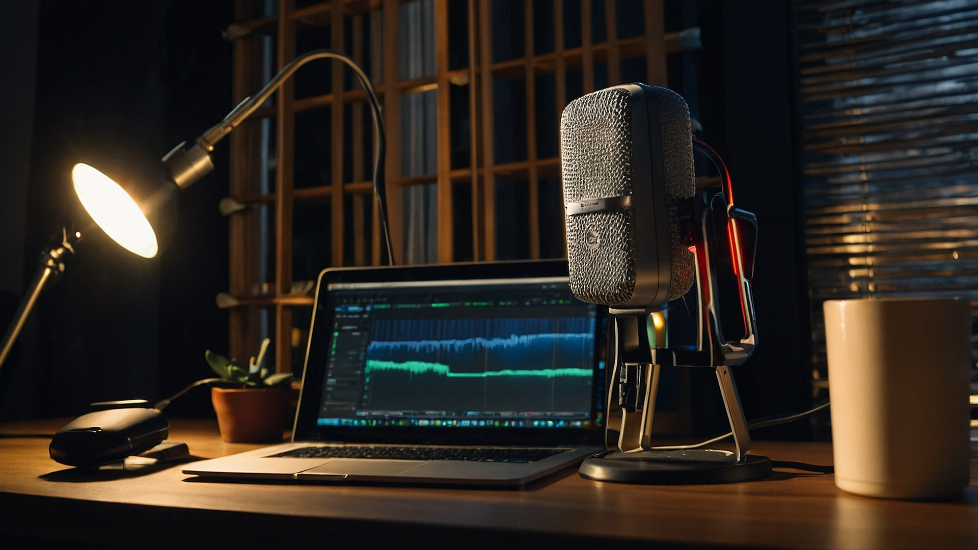 A recording studio workspace with a microphone on a stand, an open laptop displaying audio editing software, a desk lamp, a notebook, a pen, a computer mouse, a potted plant, and a cup, set against soundproofing panels.