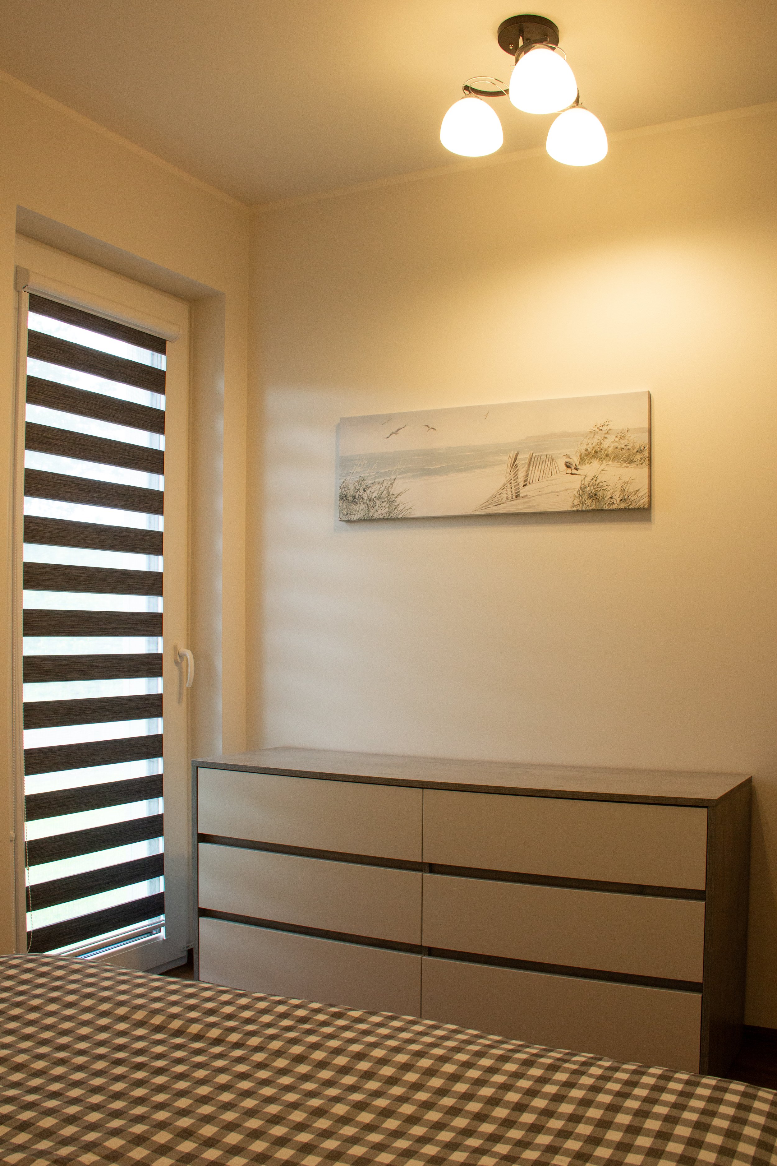 A room with a dresser, wall art, ceiling light, window with blinds, and part of a bed with a checkered blanket.