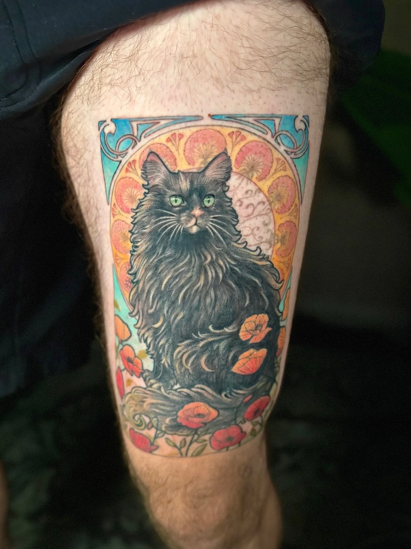 Had so much fun doing this Mucha-style portrait of Jared&rsquo;s beloved kitty, Babycat 🐈&zwj;⬛✨

Now booking October and November! Link to booking form in bio 🔗😊

#muchastyletattoo #artnouveautattoo #cattattoo #cattattoosofinstagram #delicatetatt