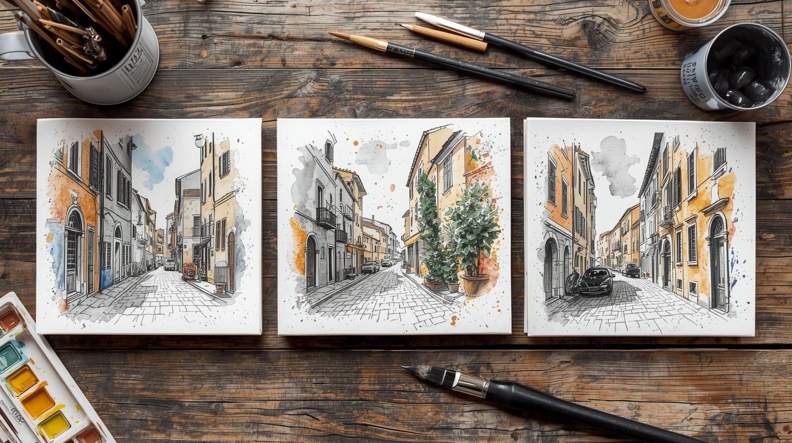 Atelier d'aquarelle. Trois toiles avec des dessins de rues de ville en aquarelle et en noir et blanc, disposées sur une table en bois, entourées de pinceaux, stylos, palette de peinture et gobelets.