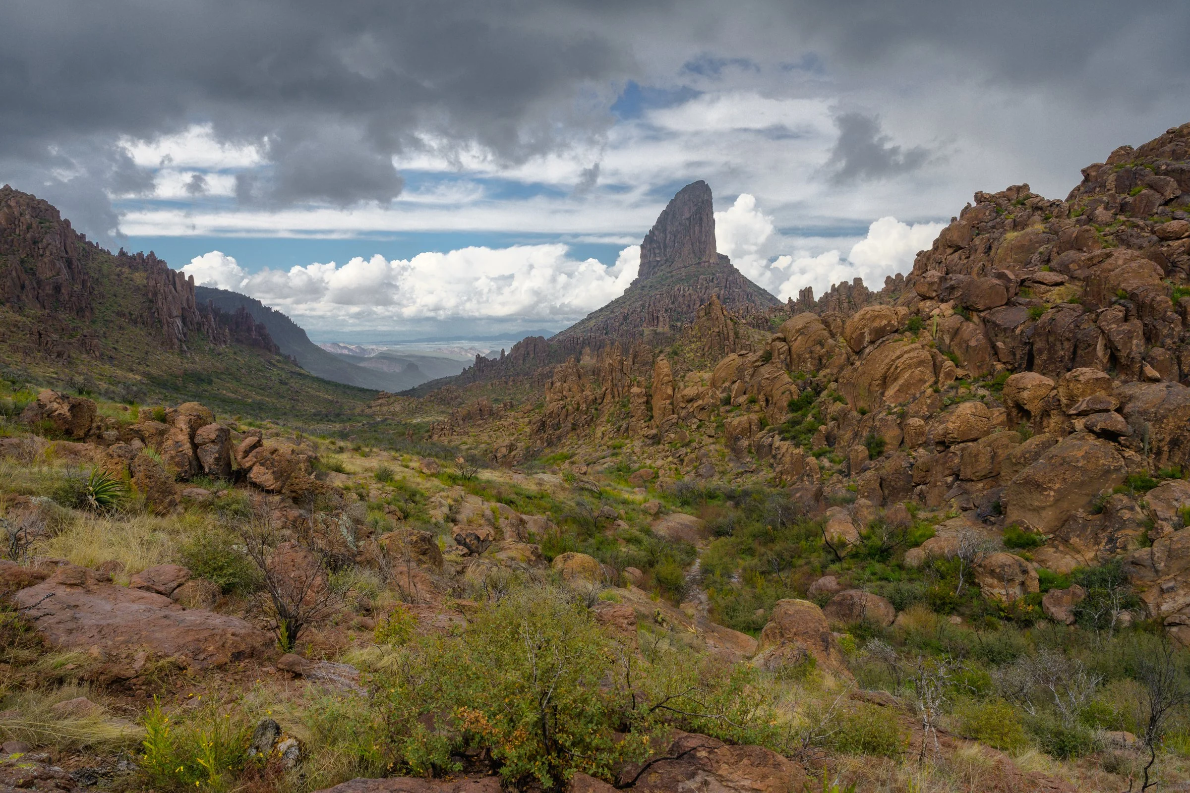 Weavers Needle, Superstition Wilderness, Arizona, A rugged desert valley with large rock formations and a prominent mountain peak in the distance under a cloudy sky.