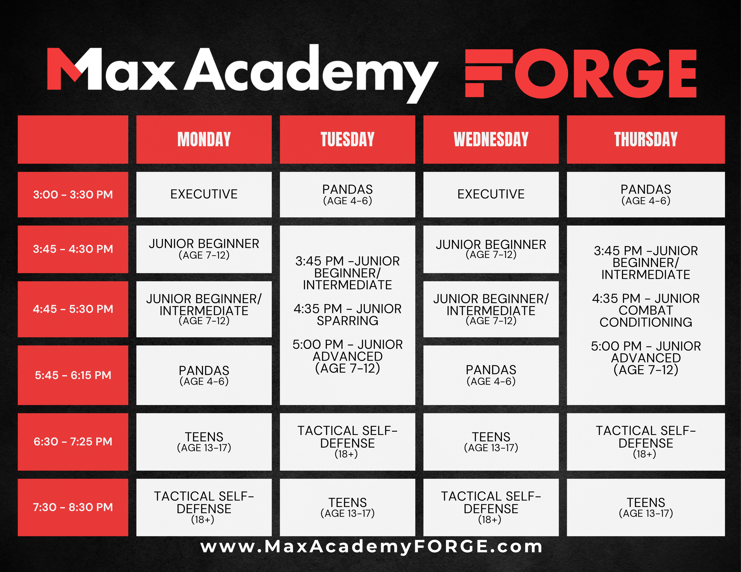 Weekly class schedule for Max Academy FORGE, with classes for different age groups from Monday to Thursday, including times and class names in a table on a black background with red and white accents.