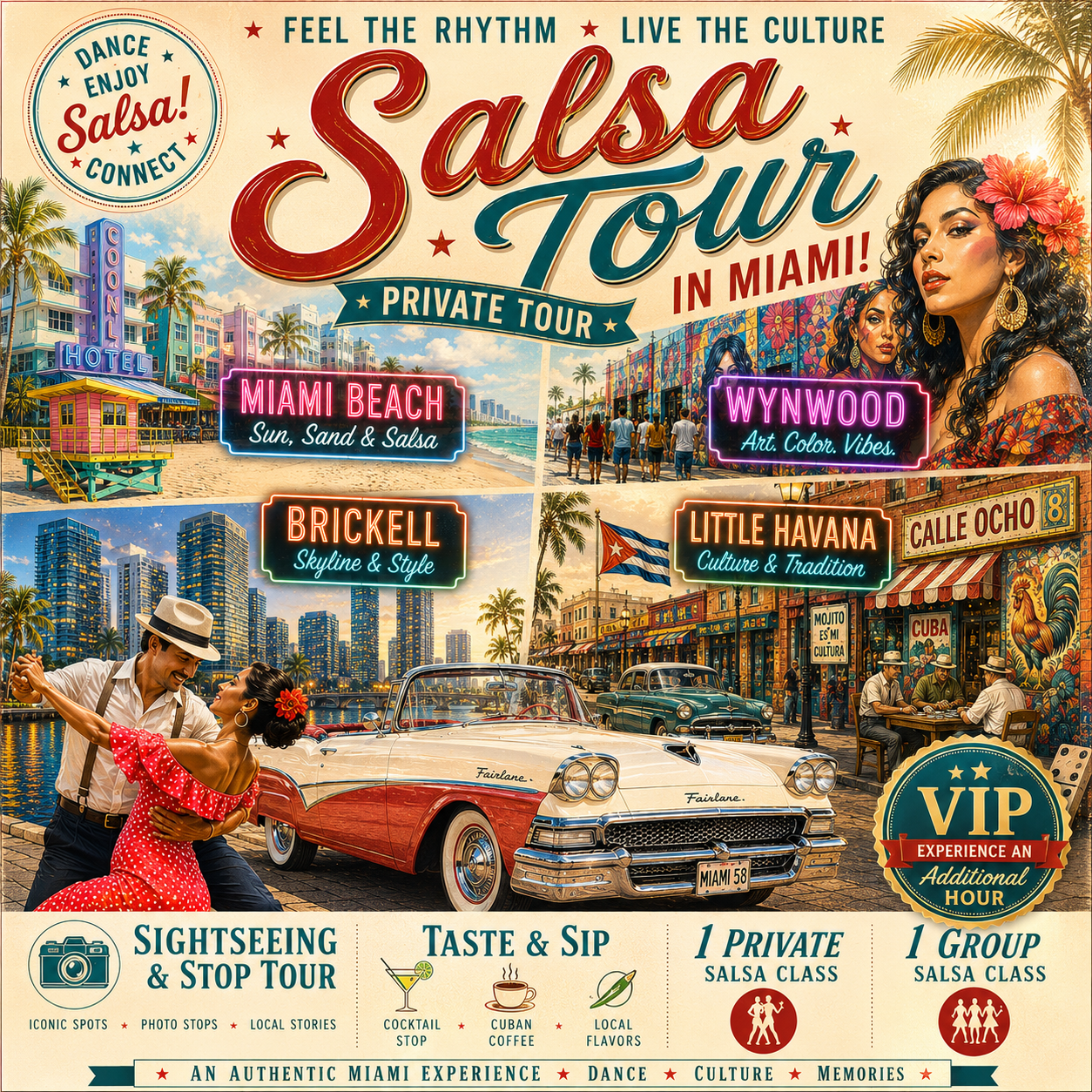 5 Hours Shightseeing, Stop, Taste & Sip Miami Salsa Tour VIP Experience (up to 4 people).