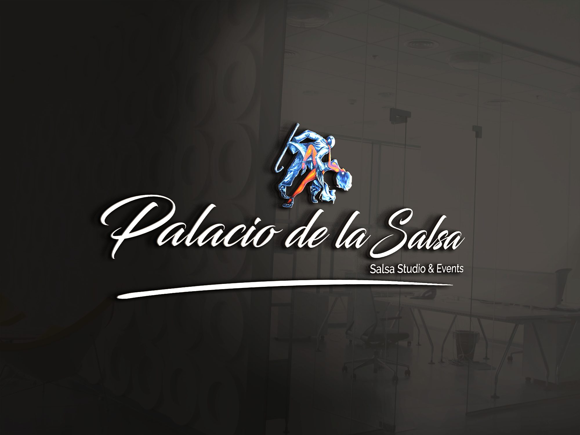 Sign on glass wall with a colorful dancer logo and the text 'Palacio de la Salsa' followed by 'Salsa Studio & Events', in an office or studio space.