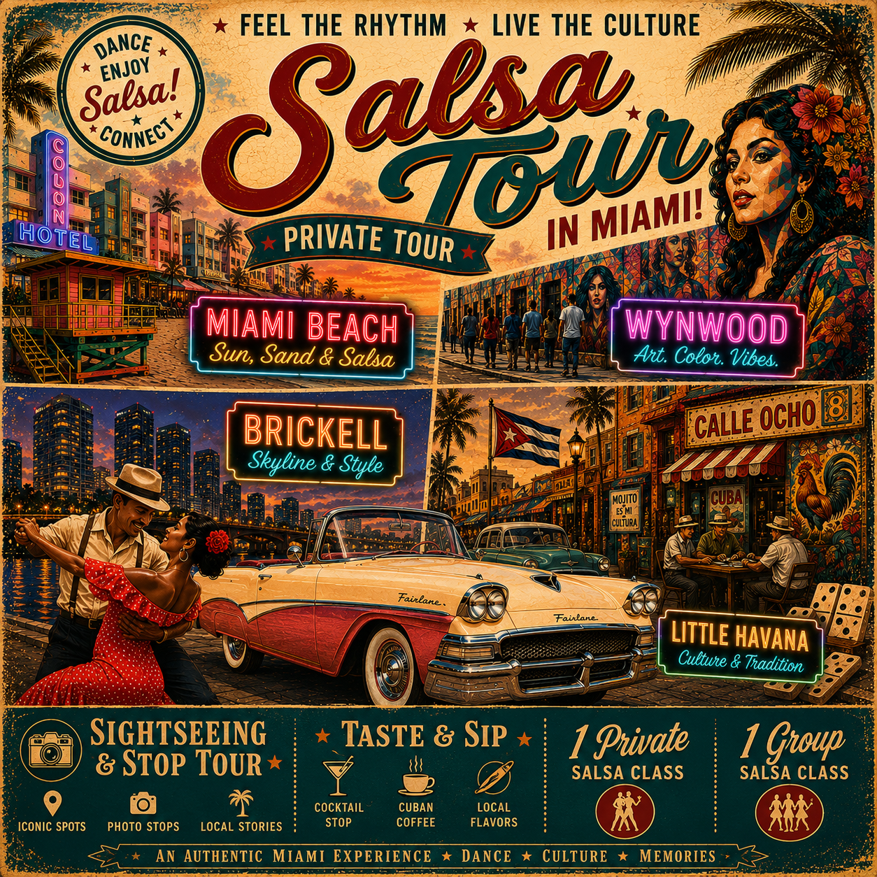 4 Hours Shightseeing, Stop, Taste & Sip Miami Salsa Tour Experience (up to 4 people).