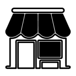 A black and white illustration of a small storefront or shop with an awning above the entrance.