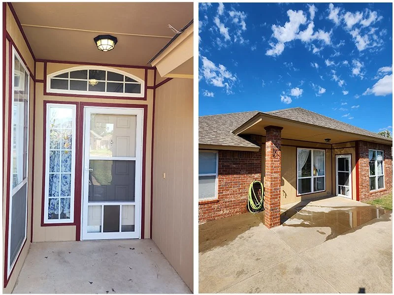 Before and after exterior home improvement project featuring brick wall and patio restoration