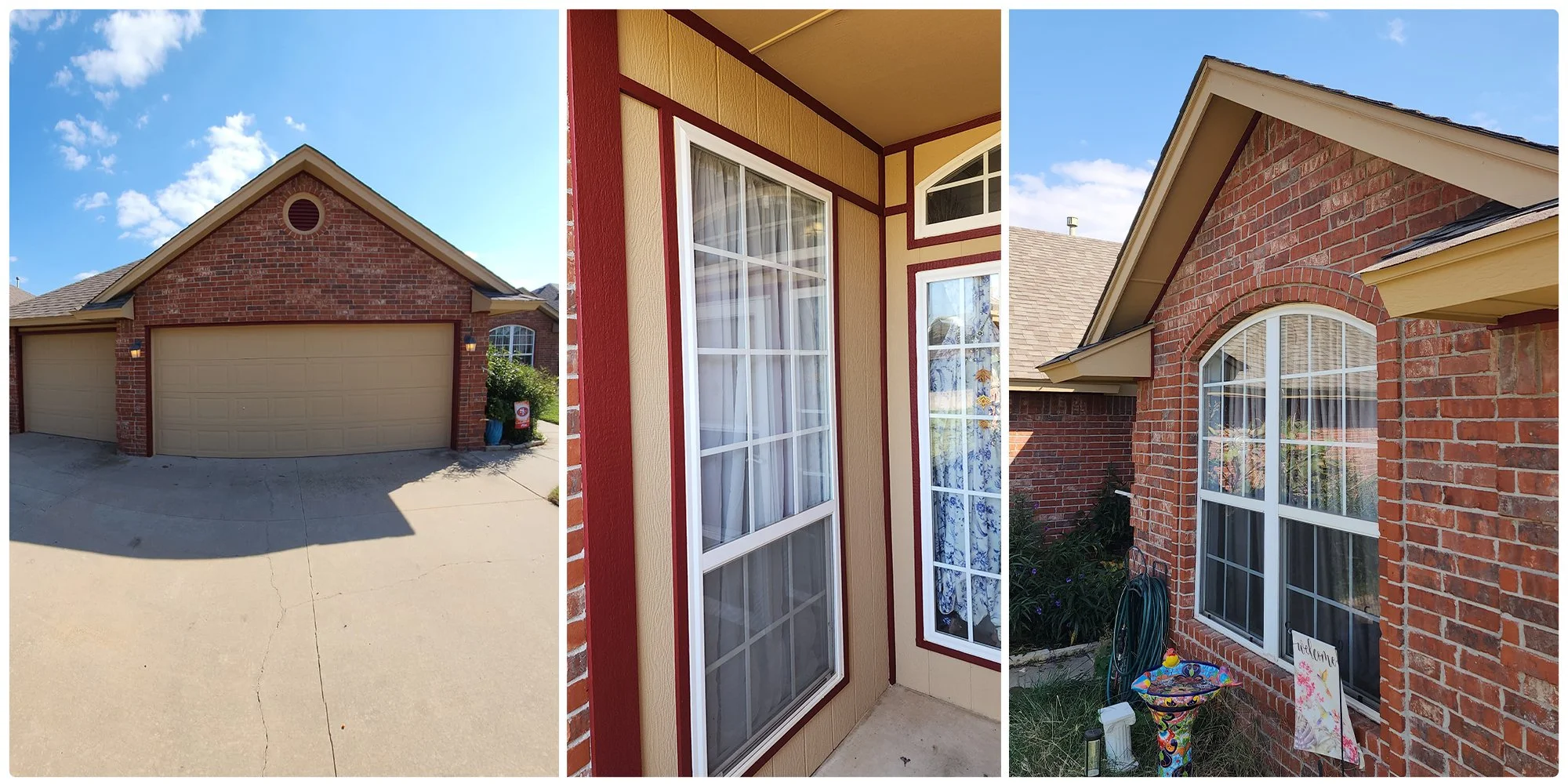 Before and after exterior home improvement project featuring brick wall and patio restoration