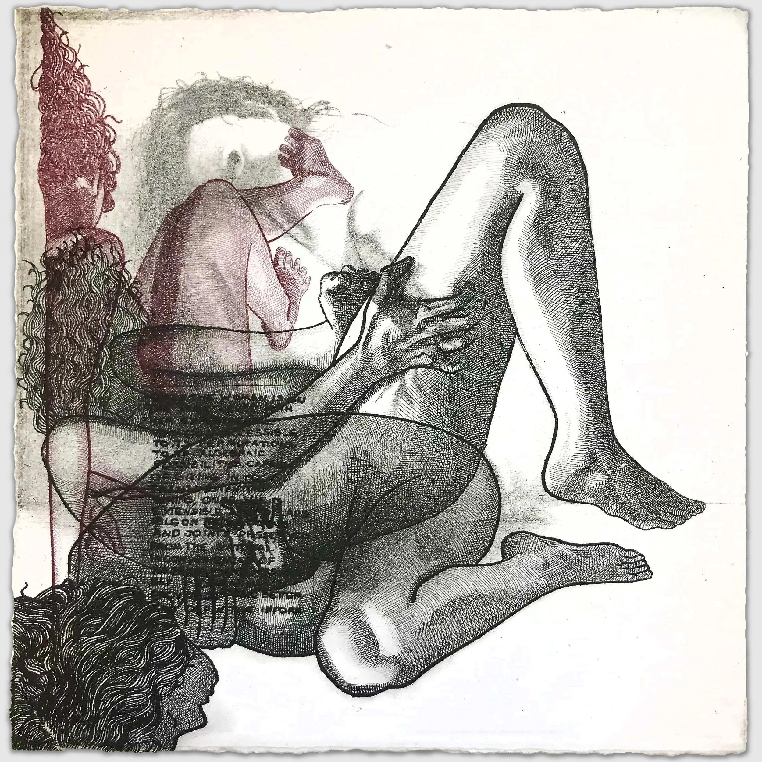 Body Iteration with Text, overprinted etchings and drypoint, approx. 9" x 9," 1/1, 2023