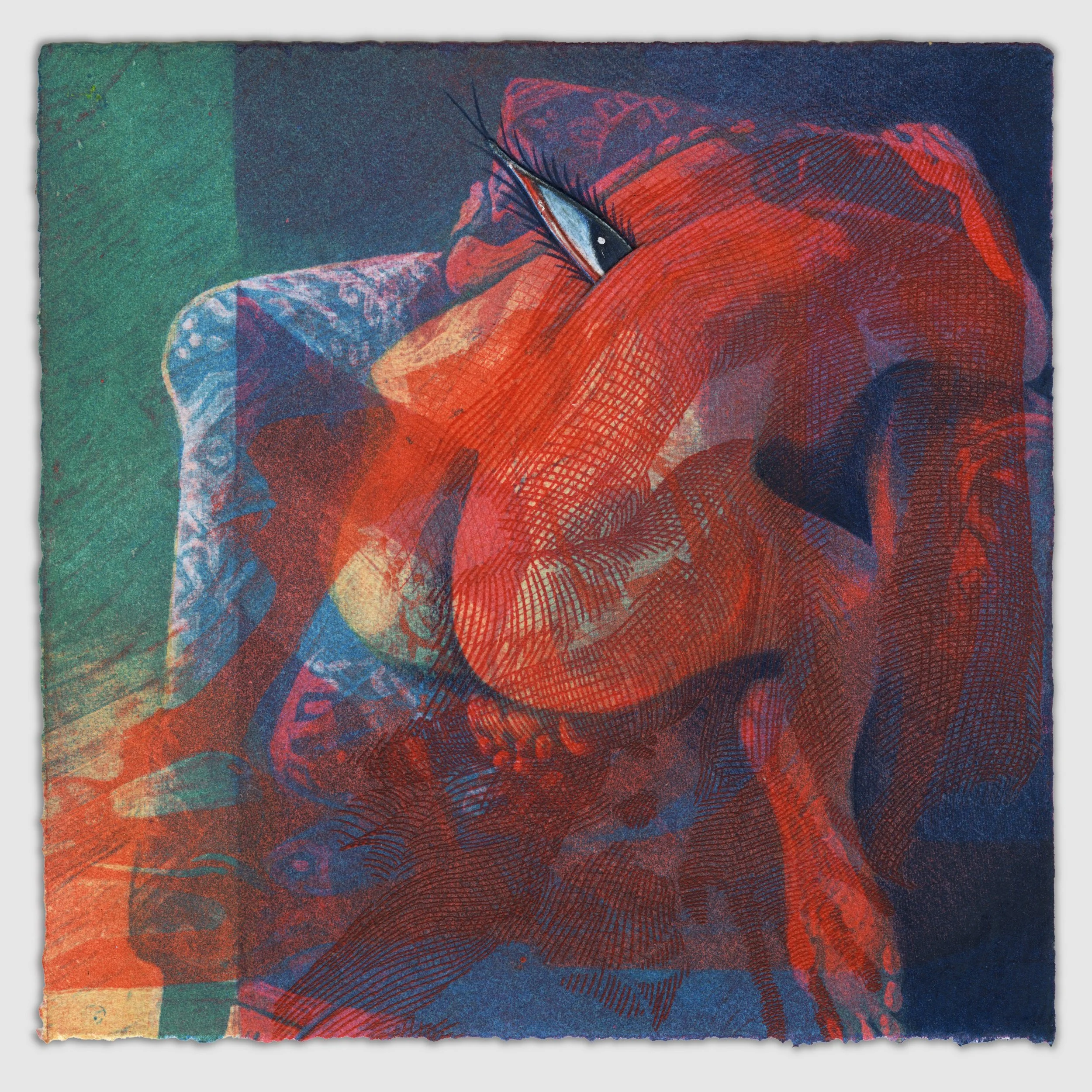 December IX, overprinted etching and silk aquatint with collage, colored pencil, and gouache, 6" x 6," 1/1, 2025