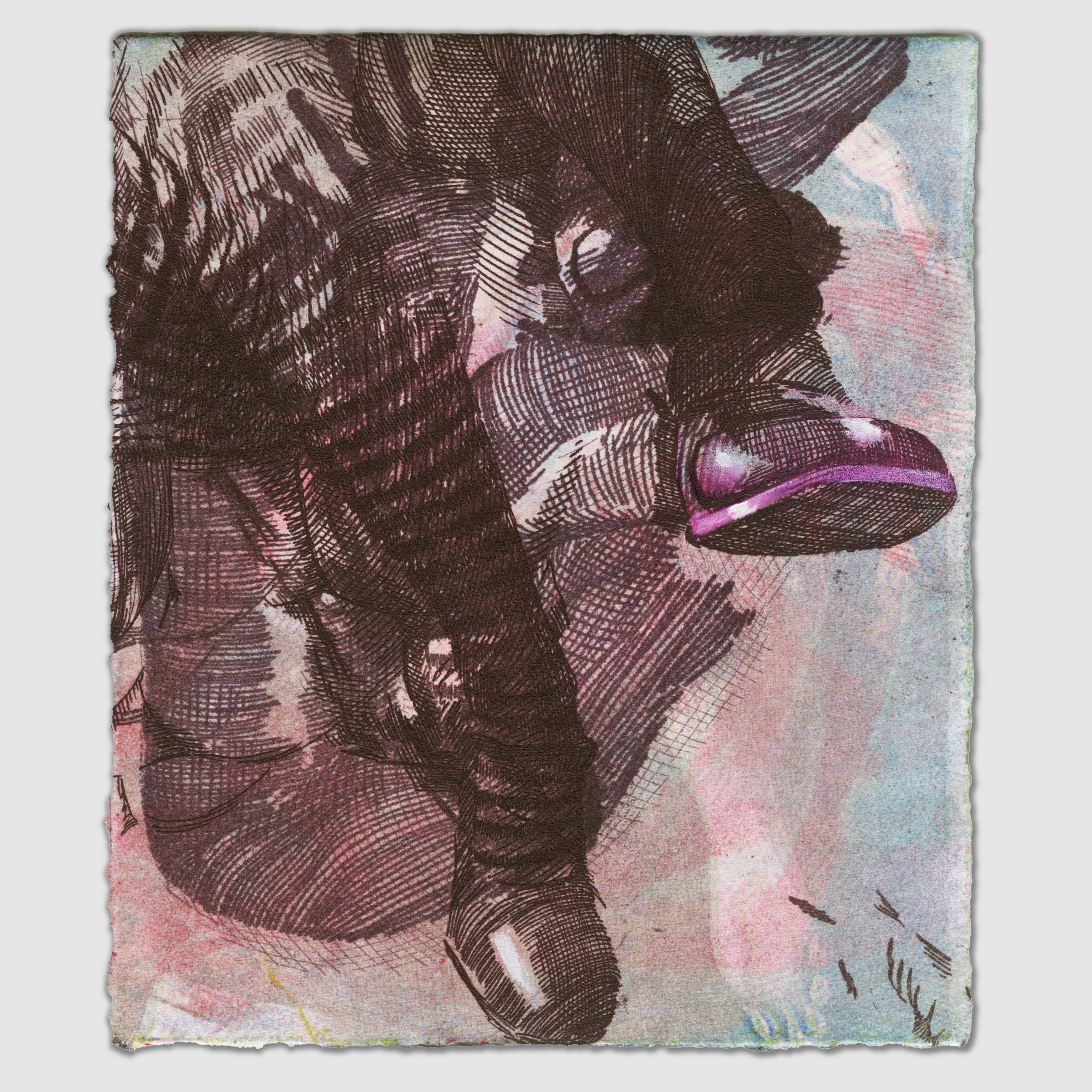 November X, overprinted etching and silk aquatint with colored pencil and gouache, 6" x 5" 1/1, 2025, sold