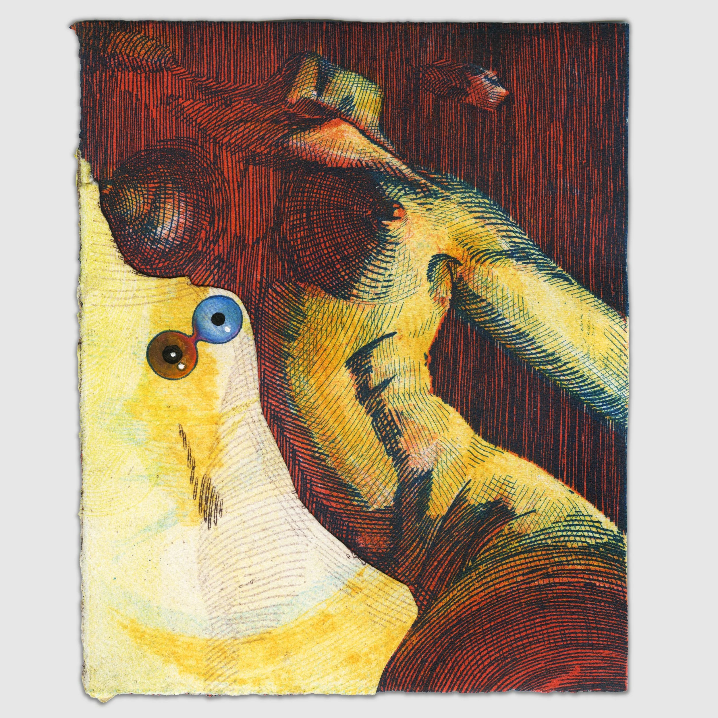 December X, overprinted etching and silk aquatint with collage and colored pencil, 6" x 5," 1/1, 2025