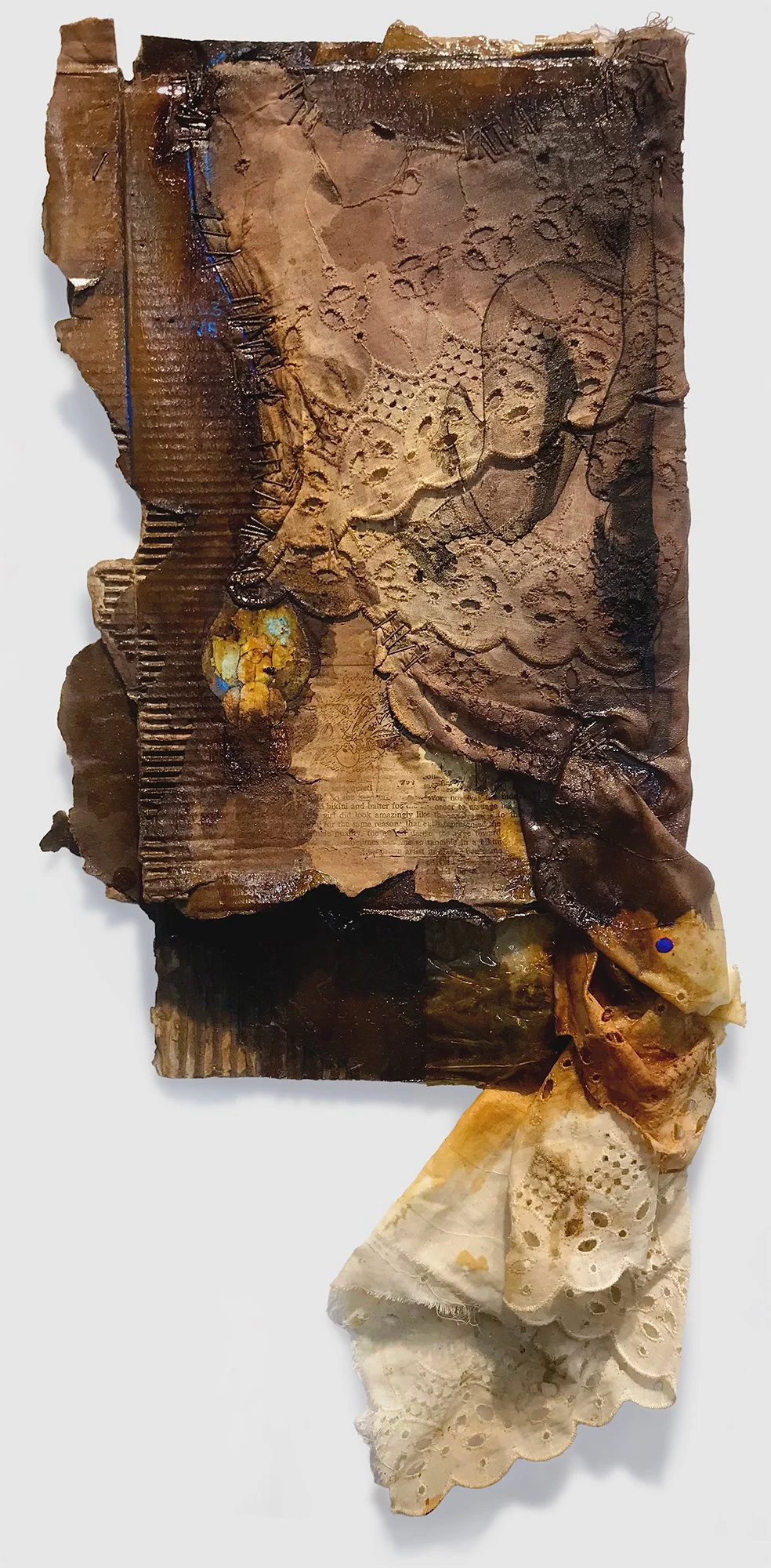 Id, etching printed on cotton, cardboard, colored pencil, acrylic, staples, found collage elements, polyurethane, shellac, 21.5" x 10.5" x 1.25," 2024