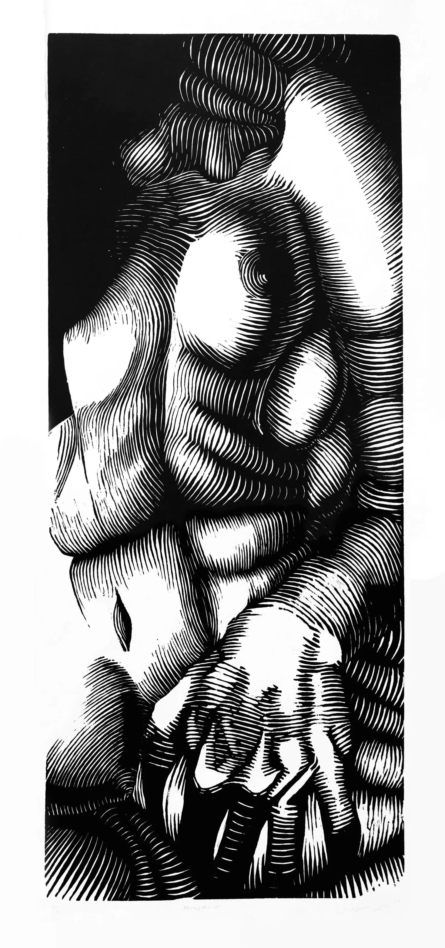 Monument, woodcut, image size 26" x 10.75," paper size 31" x 15.75," edition of ten, 2024