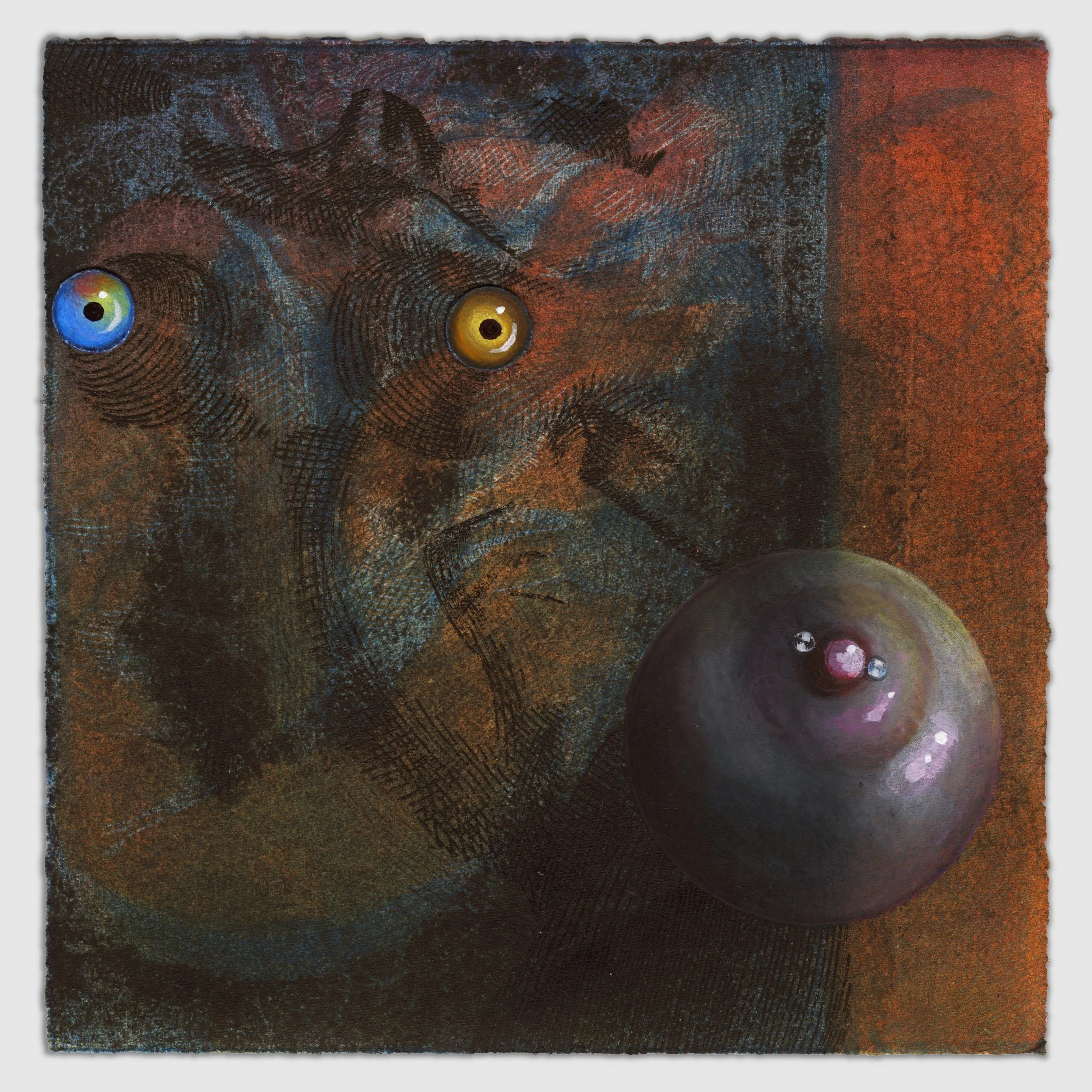 December XIII, overprinted etching and silk aquatint with collage, colored pencil, and gouache, 6" x 6," 1/1, 2025