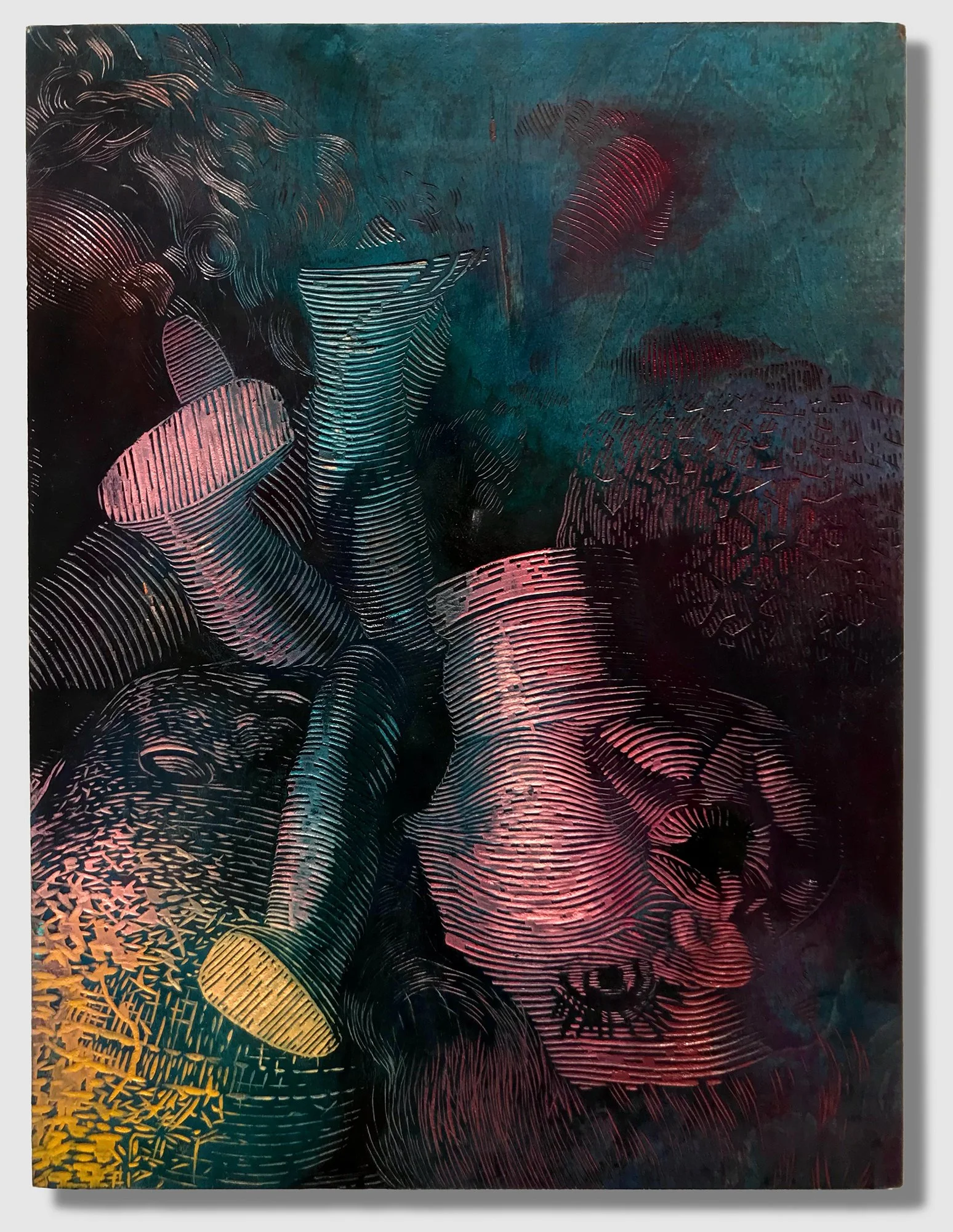 Effigies II, polyurethane, tempera paint, and oil based etching ink on carved plywood, 16" x 12" x 0.75," 2024