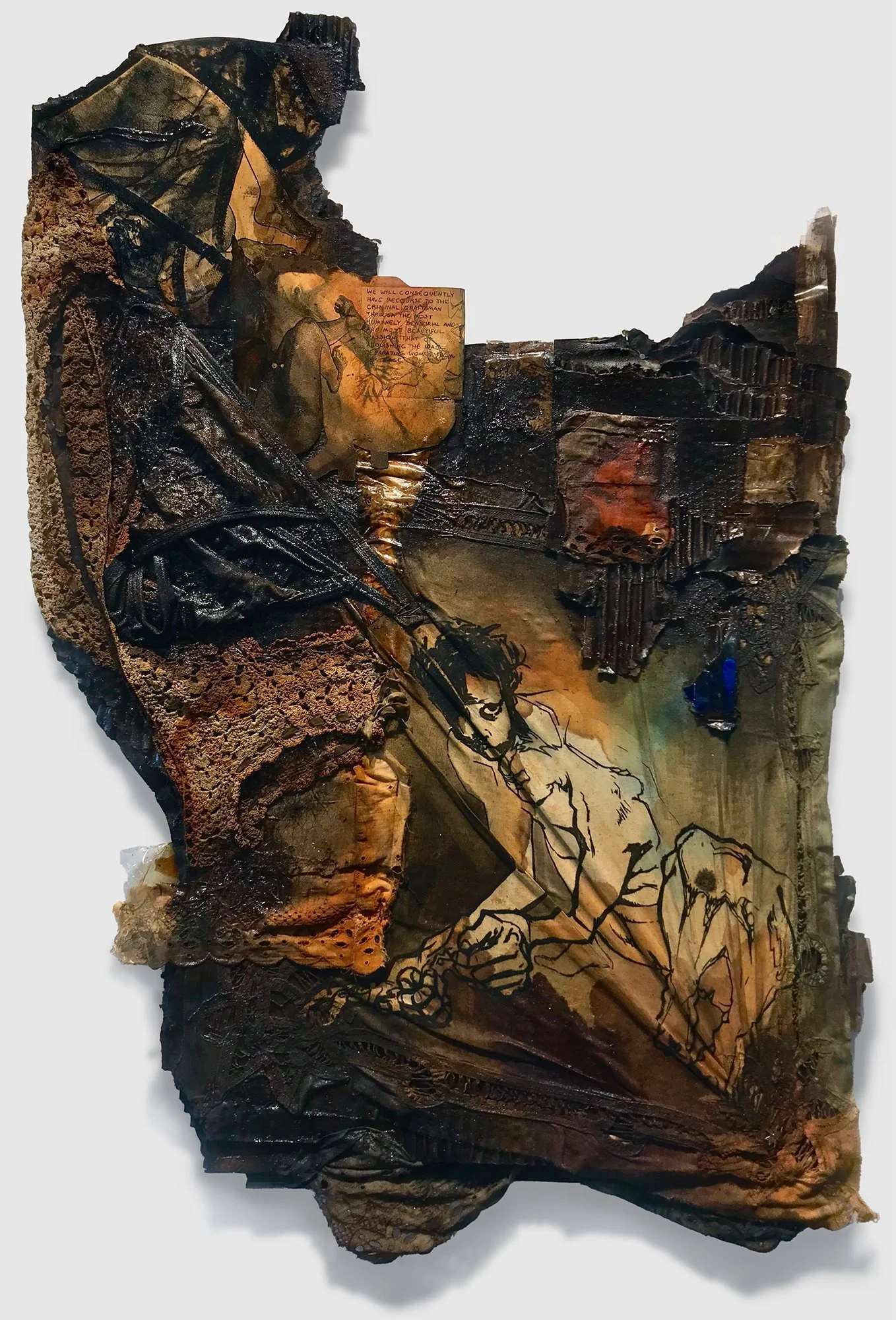 Laundry Day, cardboard, etching on found textile, collaged monoprint and overprinted etchings, found lingerie and textiles, staples, artist's hair, acrylic gouache, polyurethane, shellac, rust, 35" x 22" x 1.5," 2024