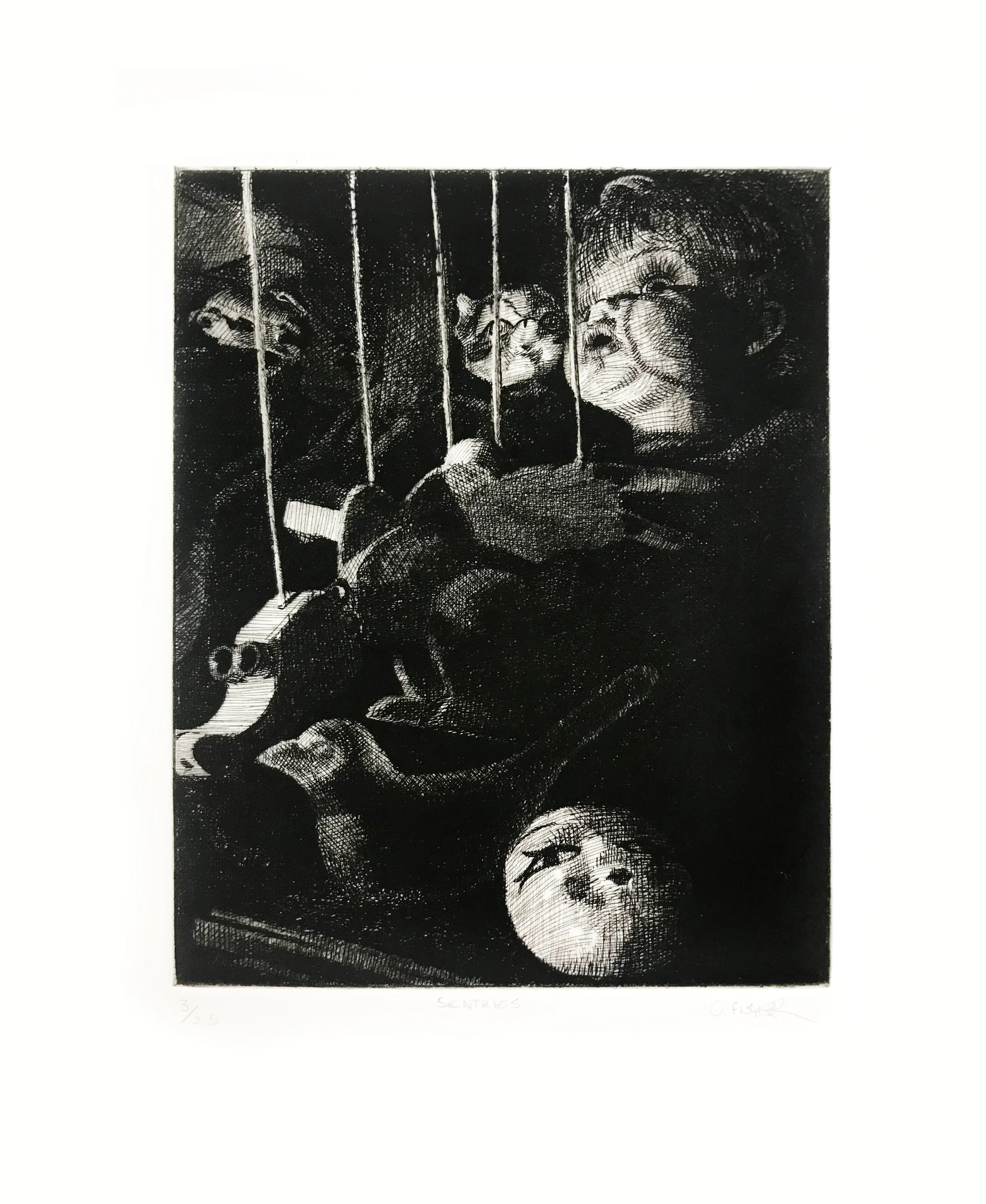 Sentries, etching and drypoint, 7.75" by 6.25," paper size 10" x 12," edition of 25, 2022