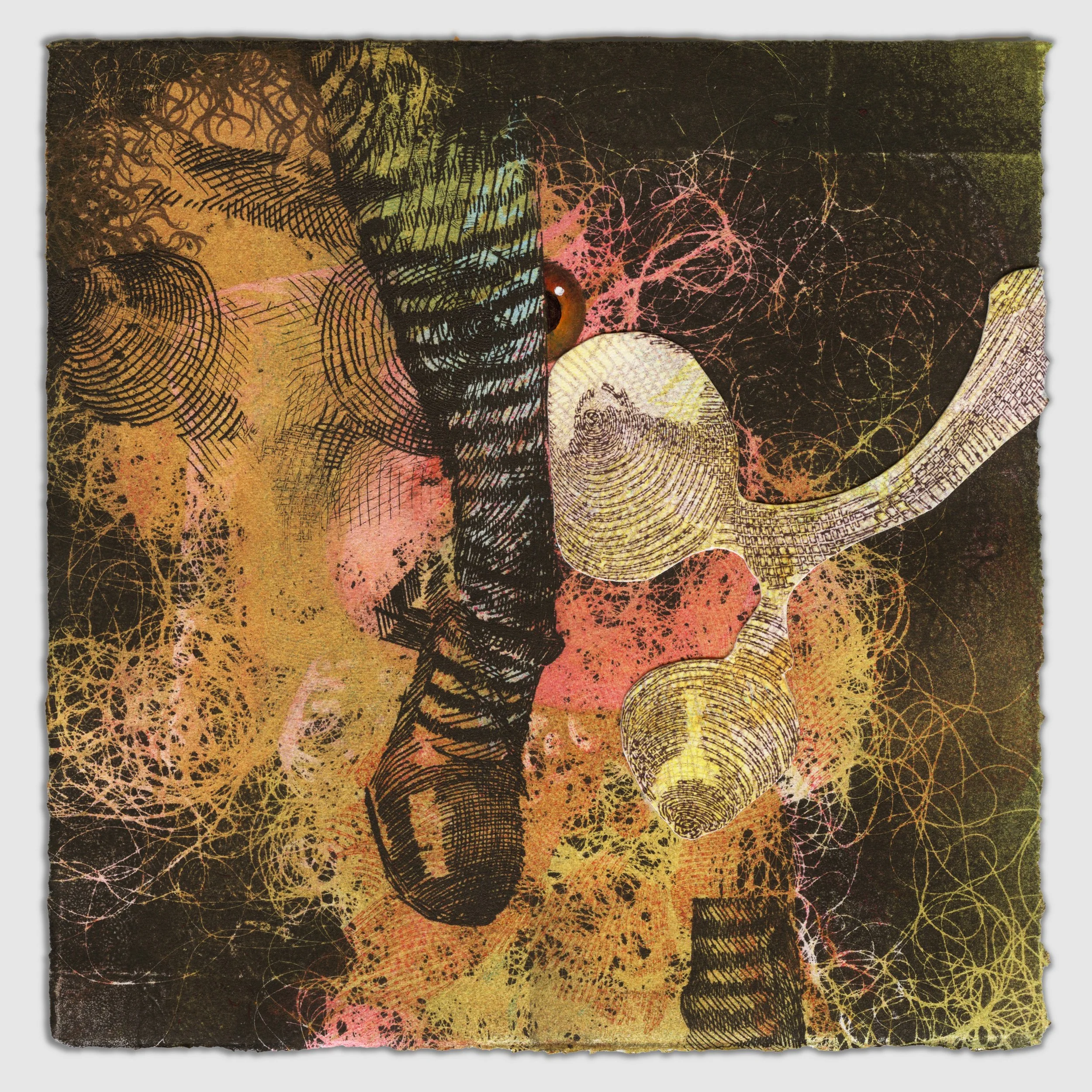 December XIV, overprinted etching and silk aquatint with collage, colored pencil, and gouache, 6" x 6," 1/1, 2025