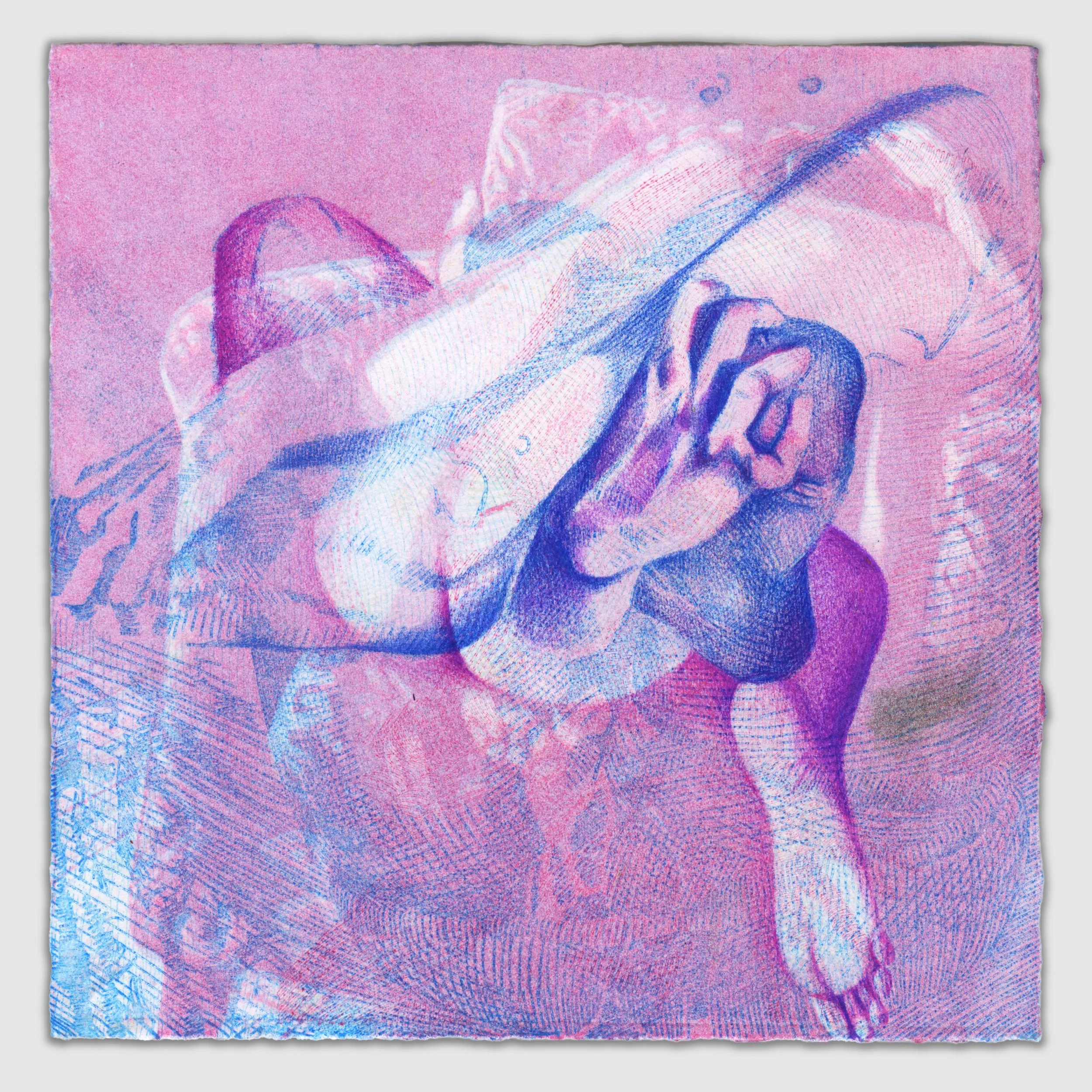 October IX, overprinted etching and silk aquatint with colored pencil, 6" x 6," 1/1, 2025, sold