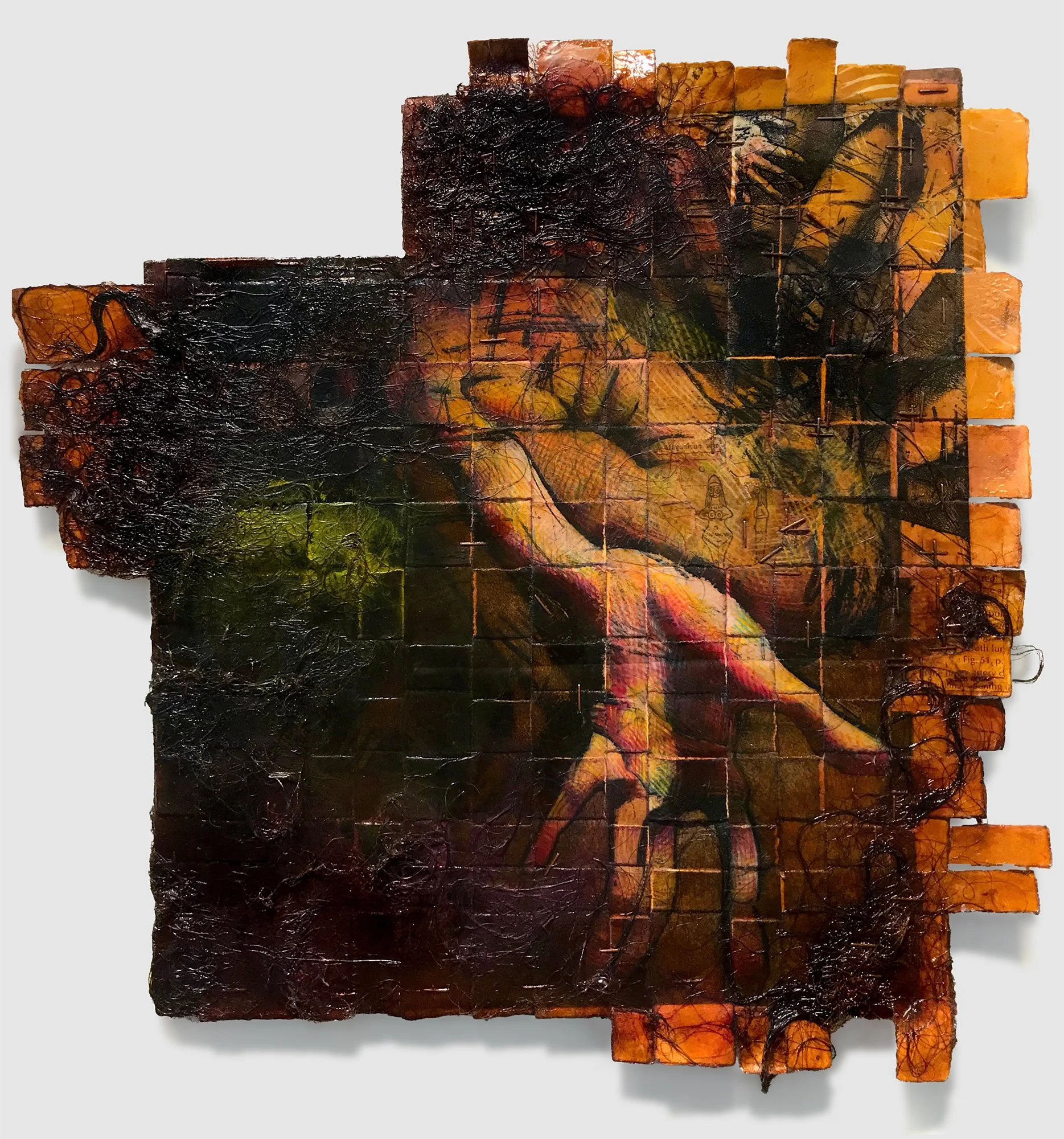 Spat, relief, etching, and drypoint on woven paper, colored pencil, oil based etching ink, cardboard, staples, found collage elements, artist's hair, polyurethane, shellac, 15" x 15" x 0.25," 2024