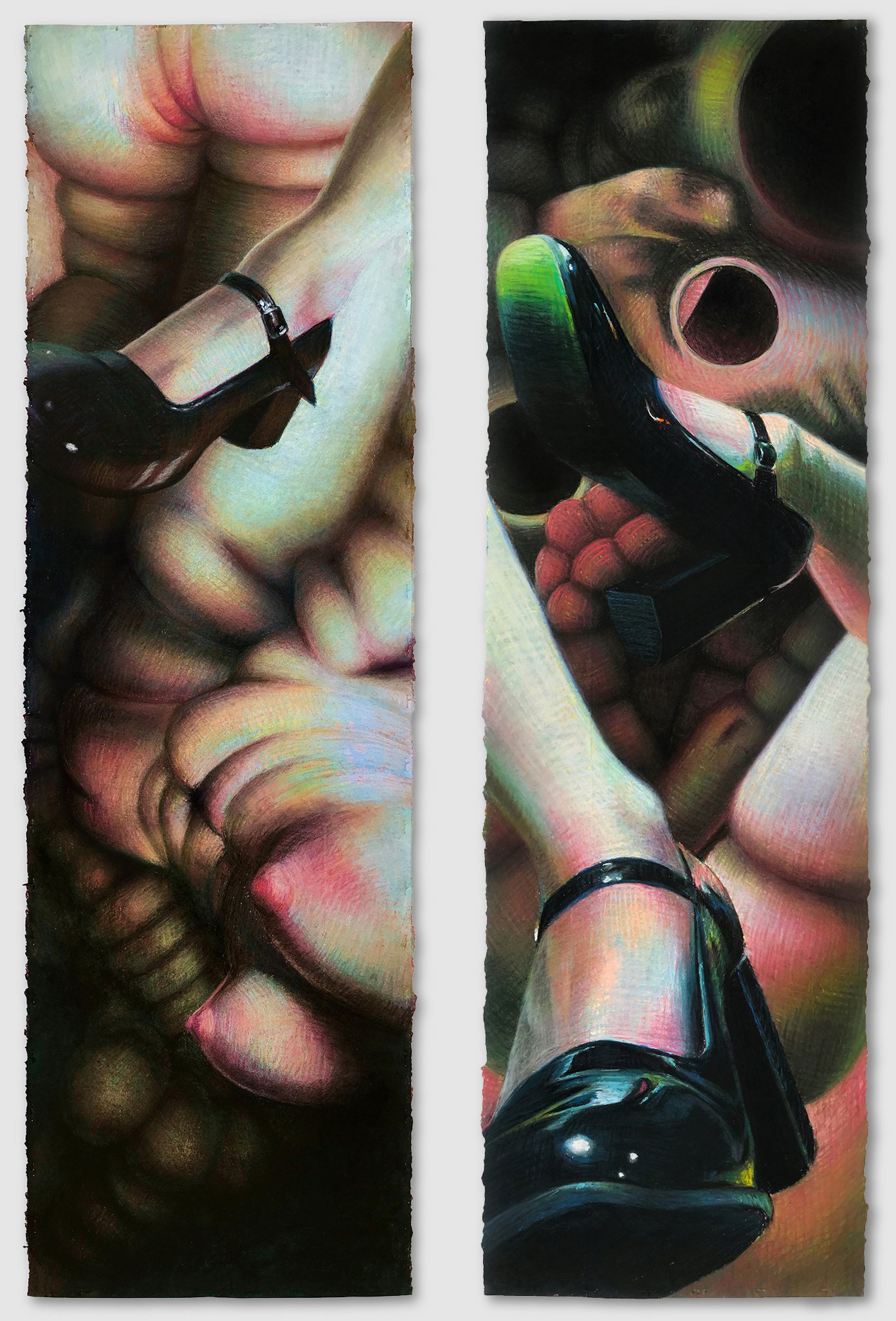 Girl Rearranged, chalk pastel and acrylic gouache, each 44" x 13," 2023