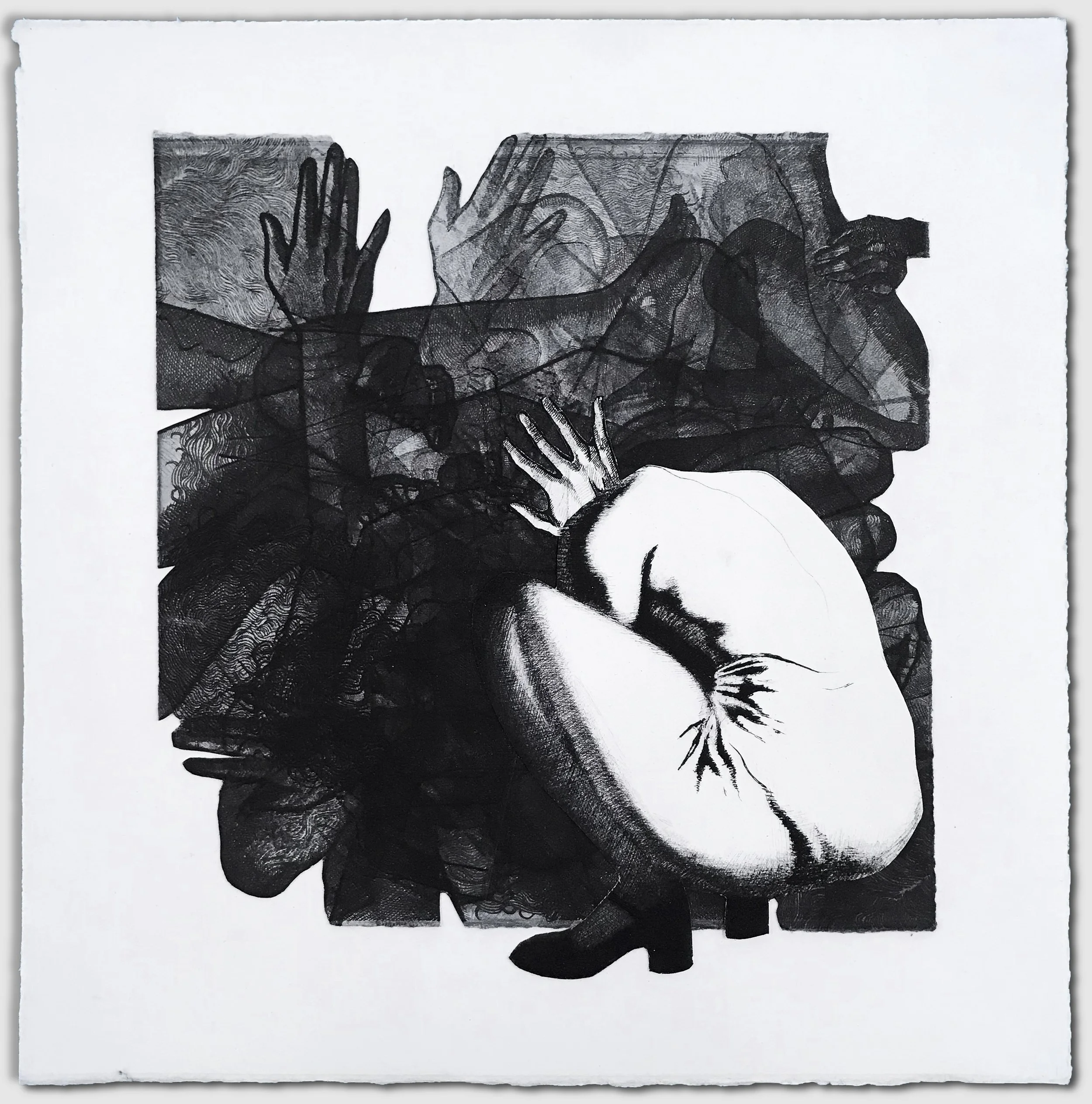 Touching, collaged etching and drypoint, 12" x 12," 1/1, 2023