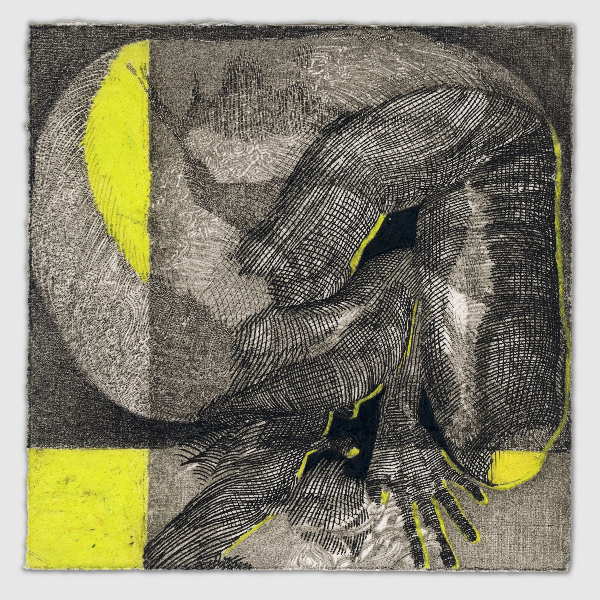 October XVI, overprinted etchings with colored pencil, 6" x 6," 1/1, 2025, sold