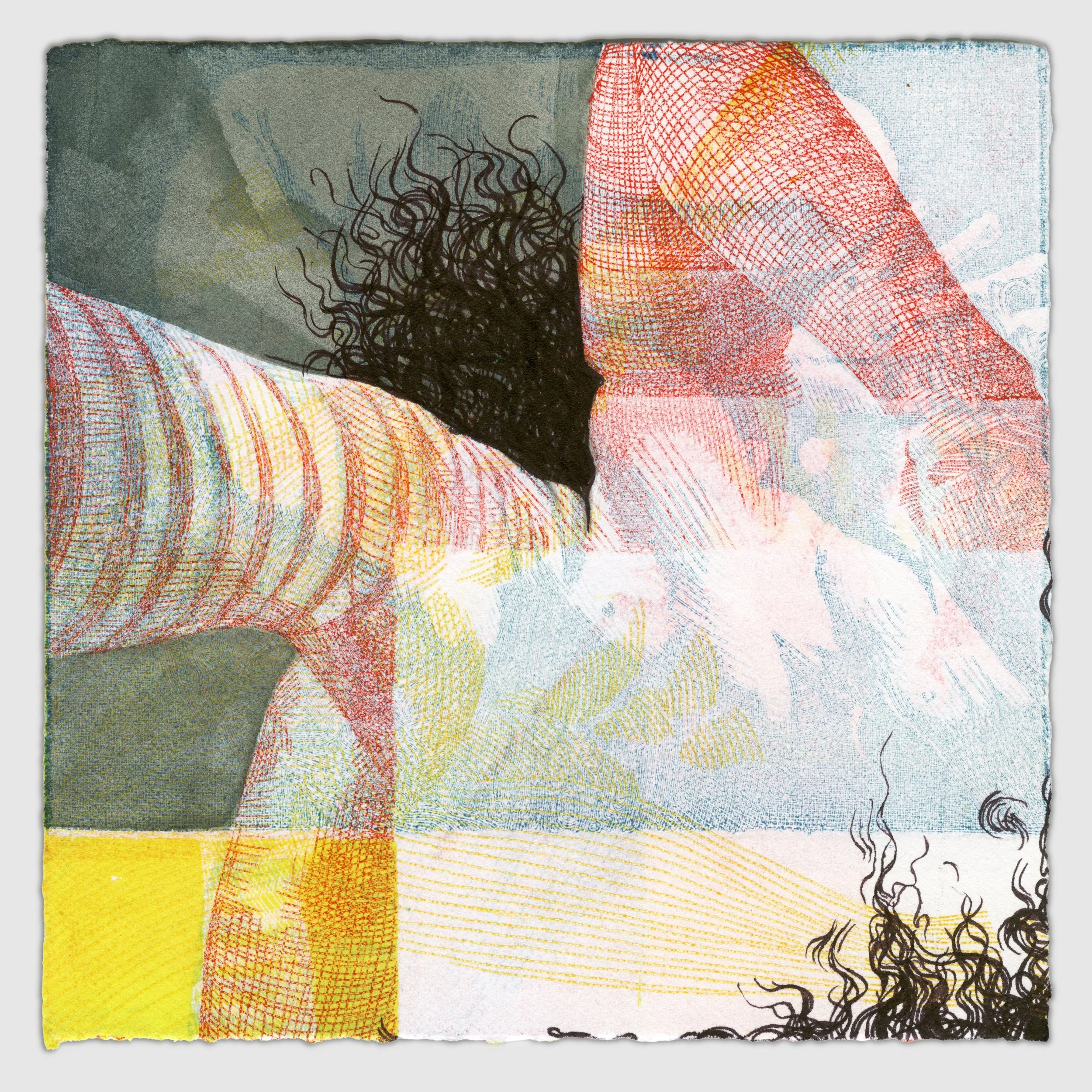 December II, overprinted etching and silk aquatint with ink and gouache, 6" x 6," 1/1, 2025