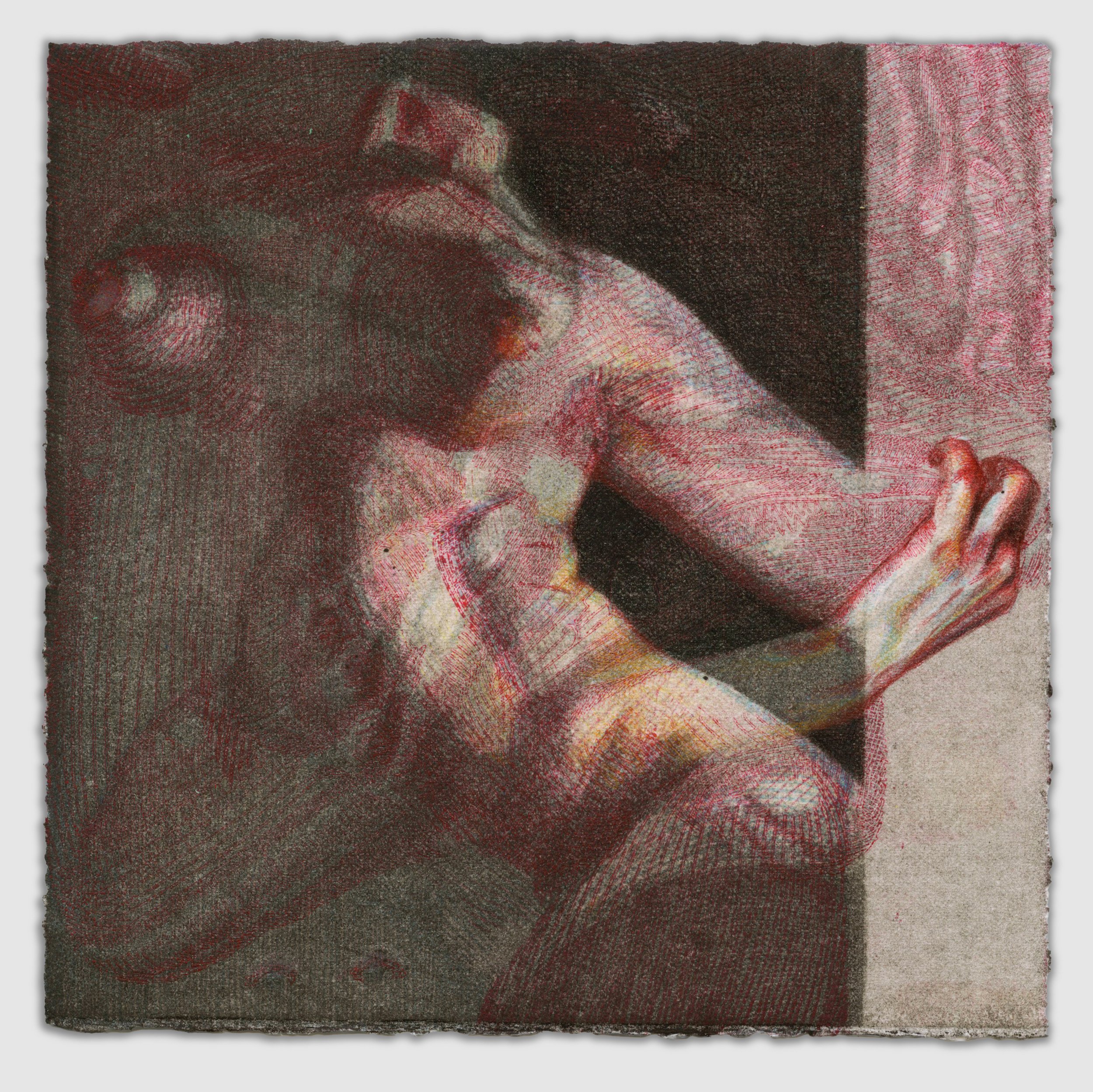 October I, overprinted etching and silk aquatint with colored pencil, 6" x 6," 1/1, 2025, sold
