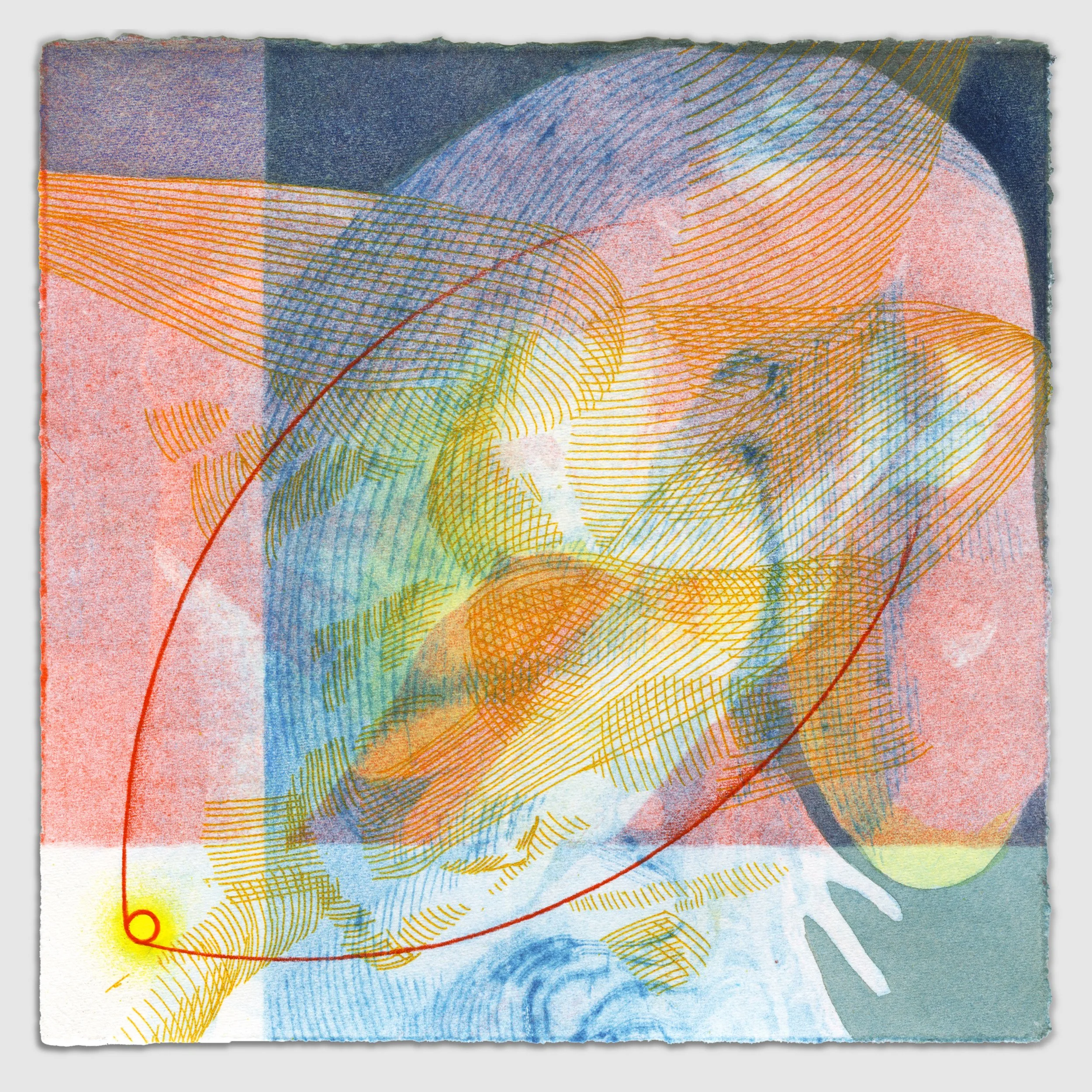 December I, overprinted etching and silk aquatint with colored pencil and gouache, 6" x 6," 1/1, 2025, sold