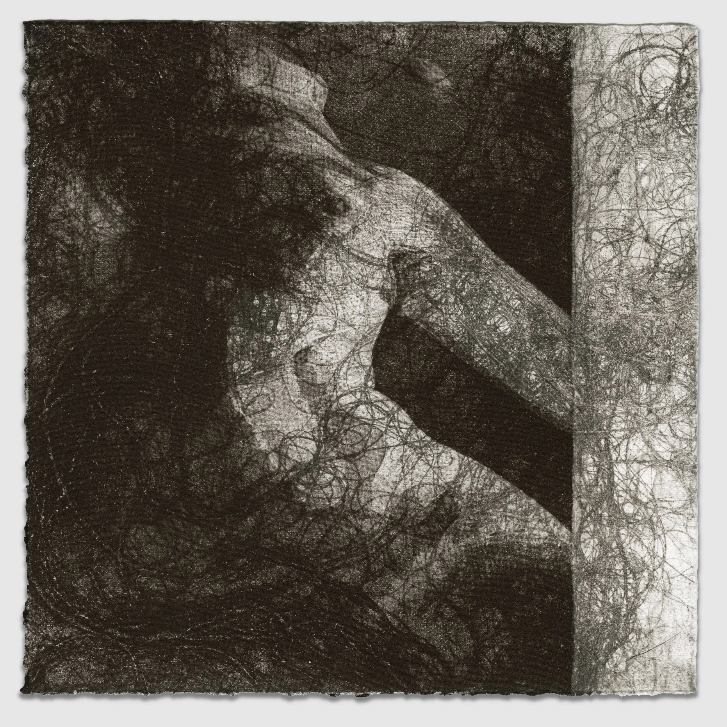 December XVII, silk aquatint monoprint with hair, 6" x 6," 1/1, 2025