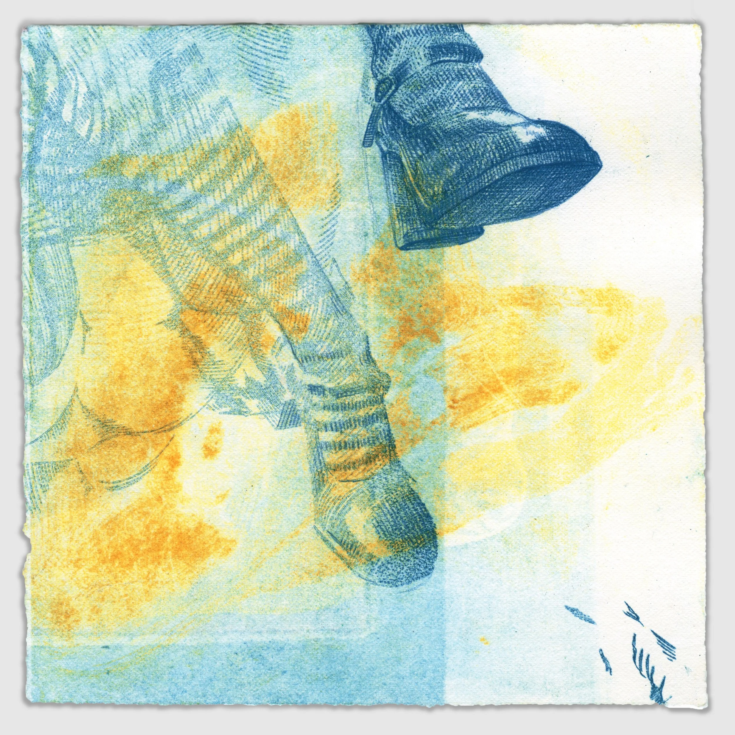 November VI, overprinted etching and silk aquatint with colored pencil, 6" x 6," 1/1, 2025, sold