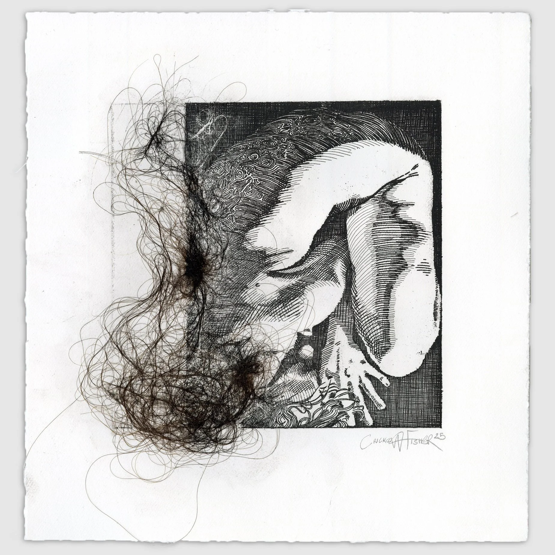 To Disappear III, etching with artist's hair, image size 6" x 6," paper size 9.5" x 9," 2025