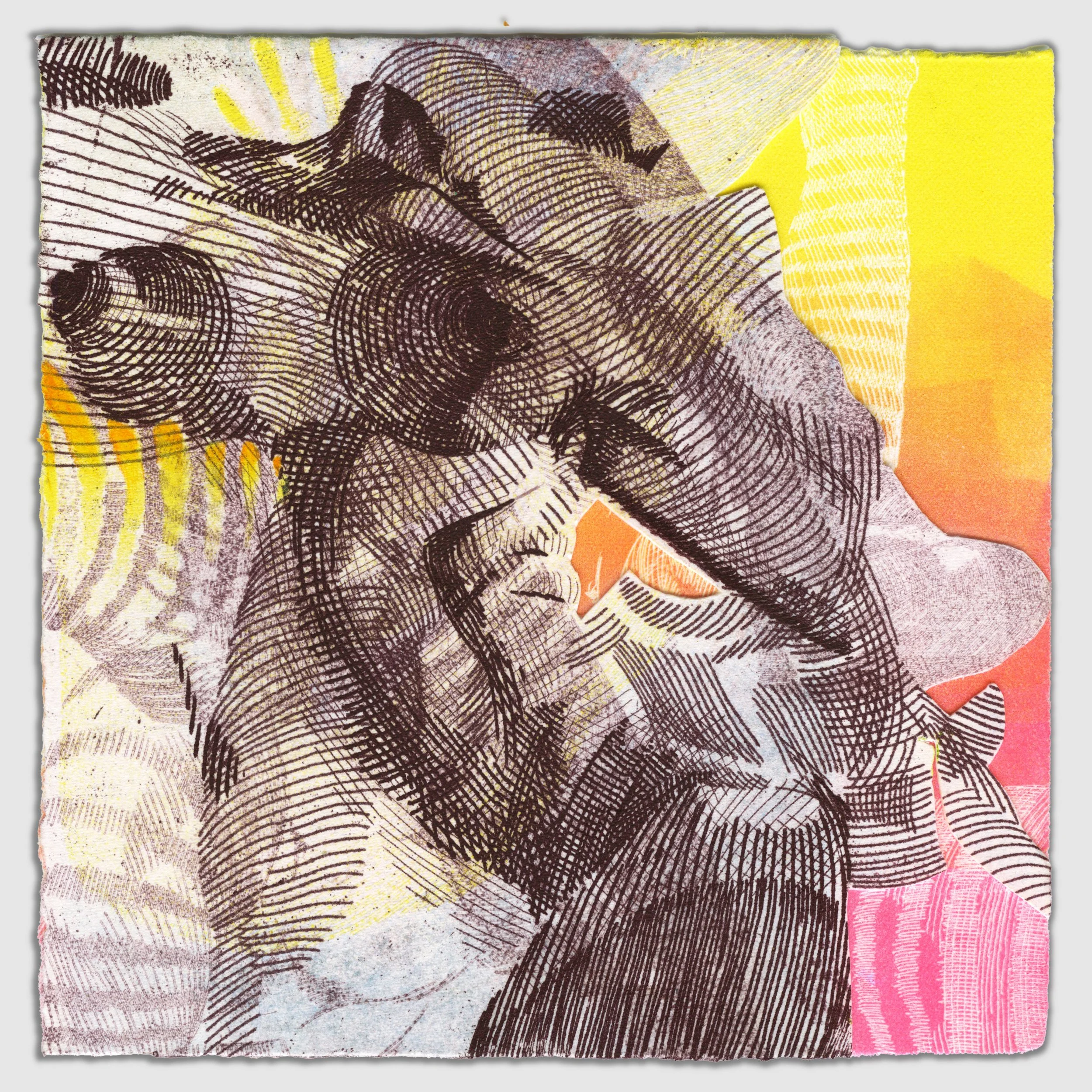 December IV, collaged etchings with colored pencil, 6" x 6," 1/1, 2025
